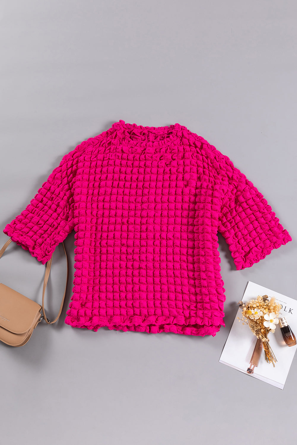 Top in maglia testurizzata a bolle rosso rosa