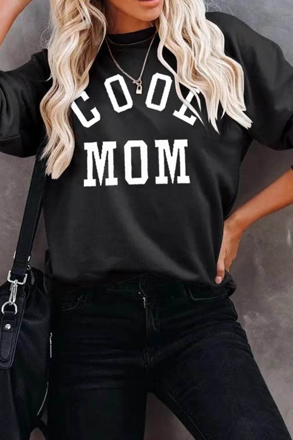 Black COOL MOM Print Crewneck Pullover Sweatshirt