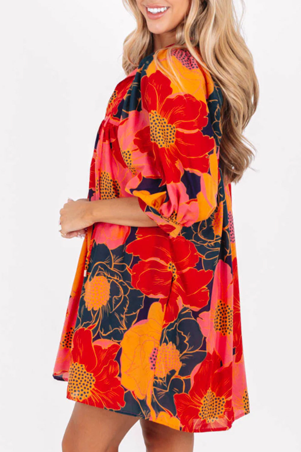 Narančasta Babydoll mini haljina s cvjetnim printom 3/4 rukava