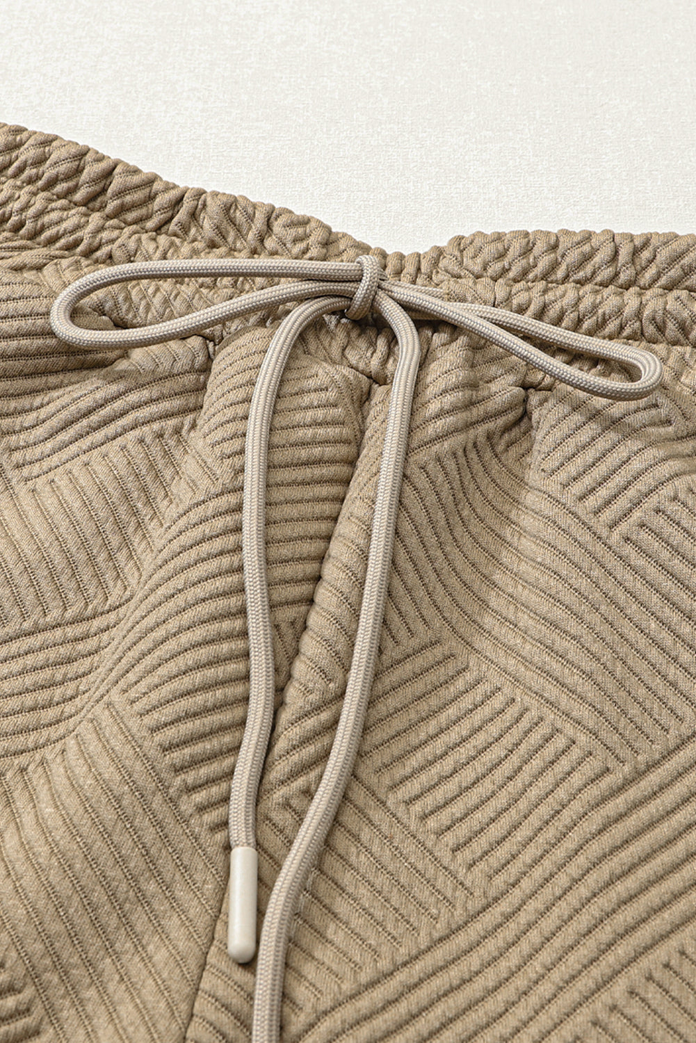 Pale Khaki Textured Long Sleeve Top and Drawstring Shorts Set