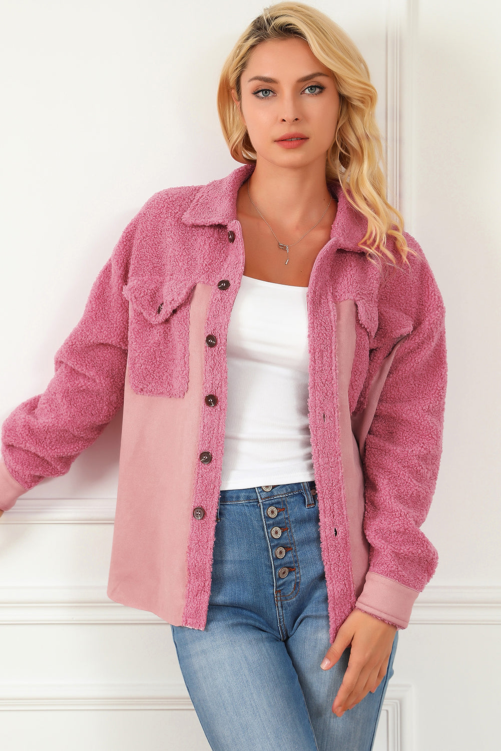 Pink Colorblock Buttoned Flap Pocket Sherpa Shacket