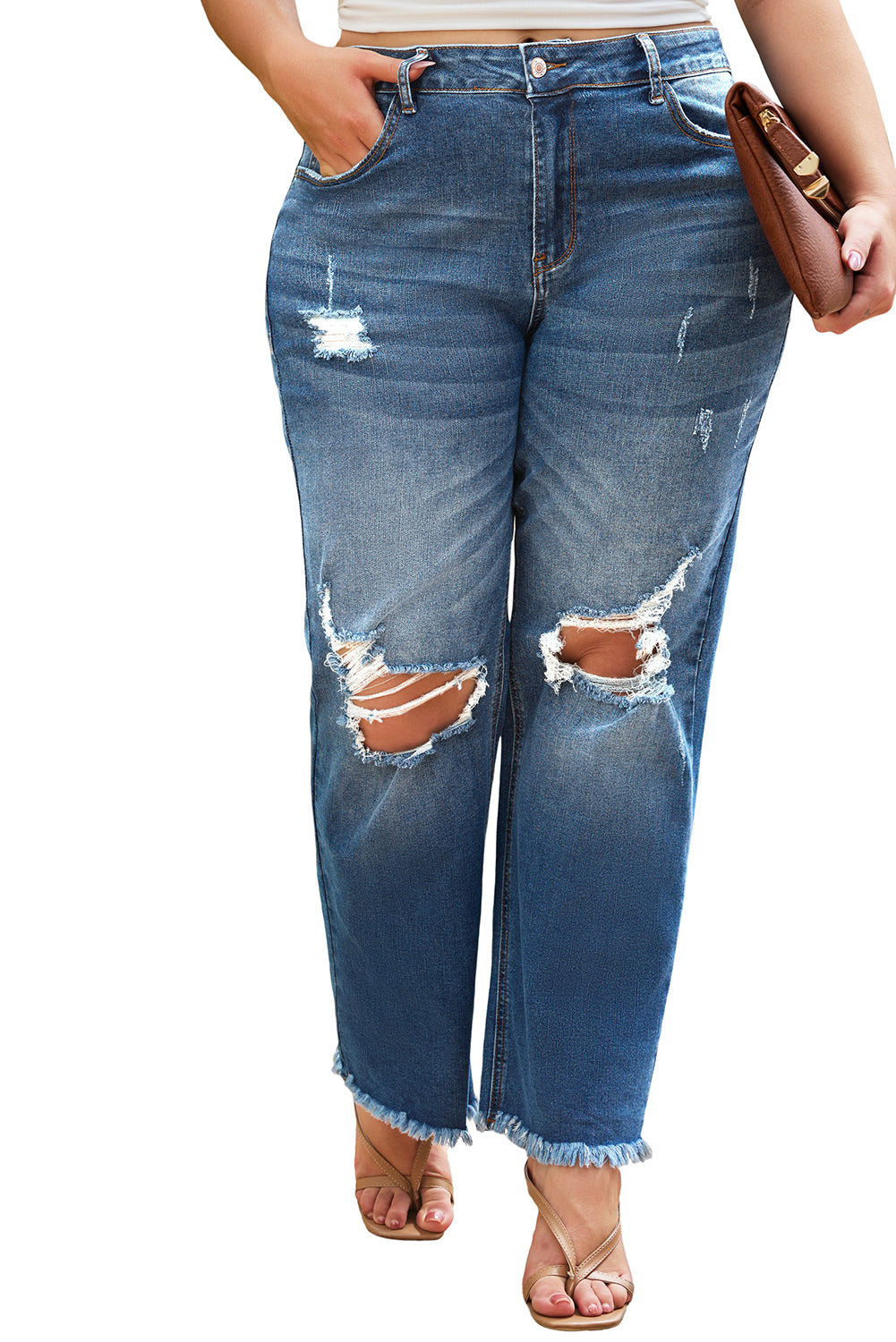 Blaue Distressed-Jeans mit offenem Knie in Übergröße