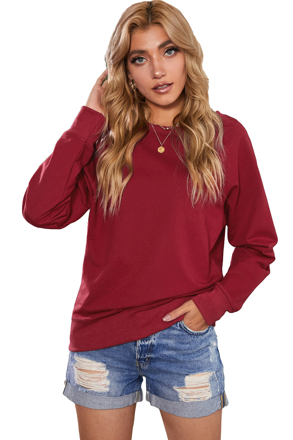 Weinrotes, einfarbiges Pullover-Sweatshirt mit Rundhalsausschnitt
