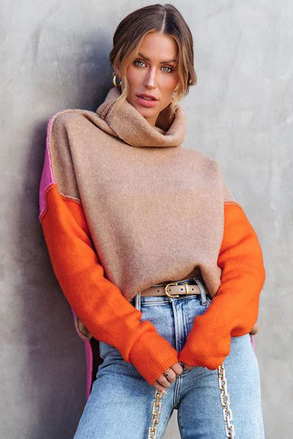 Clay Red Color Block Turtle Neck Drop Shoulder Knit Sweater