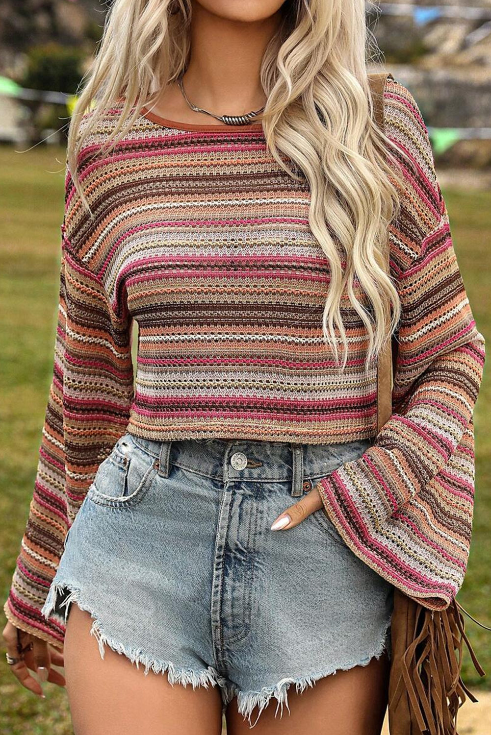 Rose Red Ethnic Striped Wide Cropped Long Sleeve Top