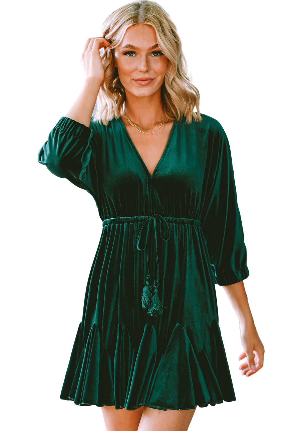 Green V-Neck Bracelet Sleeve Drawstring Ruffled Velvet Dress