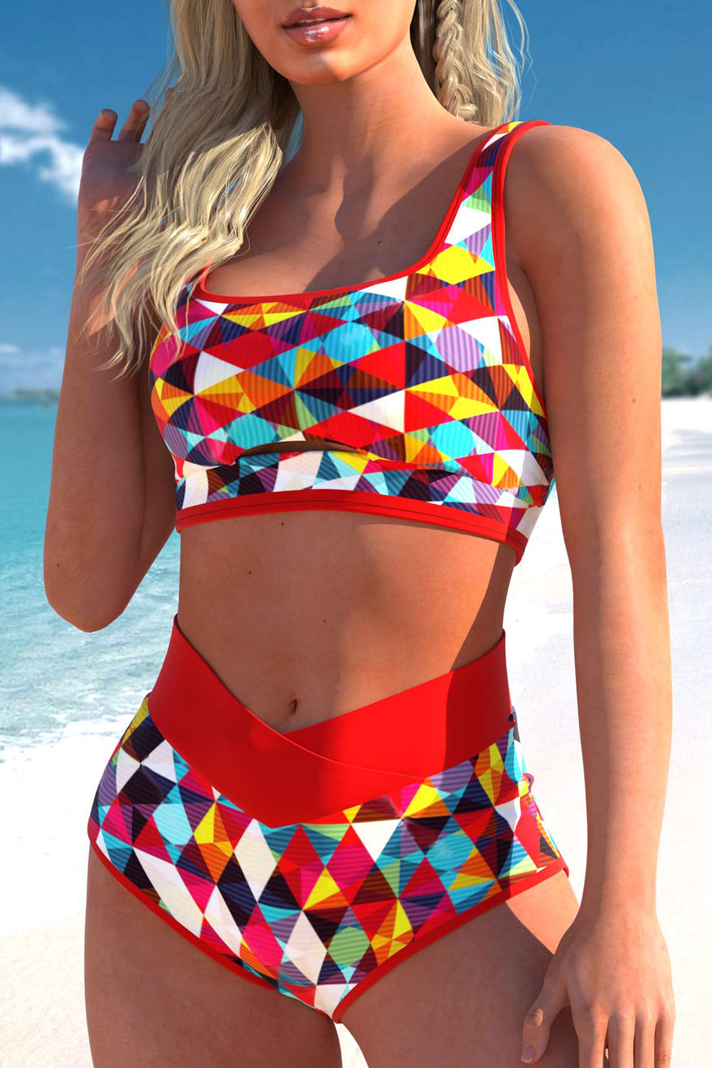 Feuriger roter 2-teiliger Bikini mit geometrischem Print und Kerbe und hoher Taille