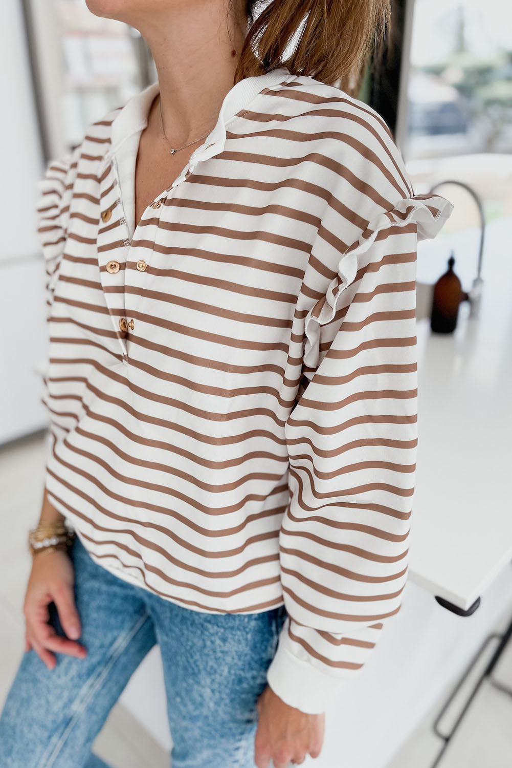 Brown Striped Ruffled Sleeve Buttoned Half-Placket Top