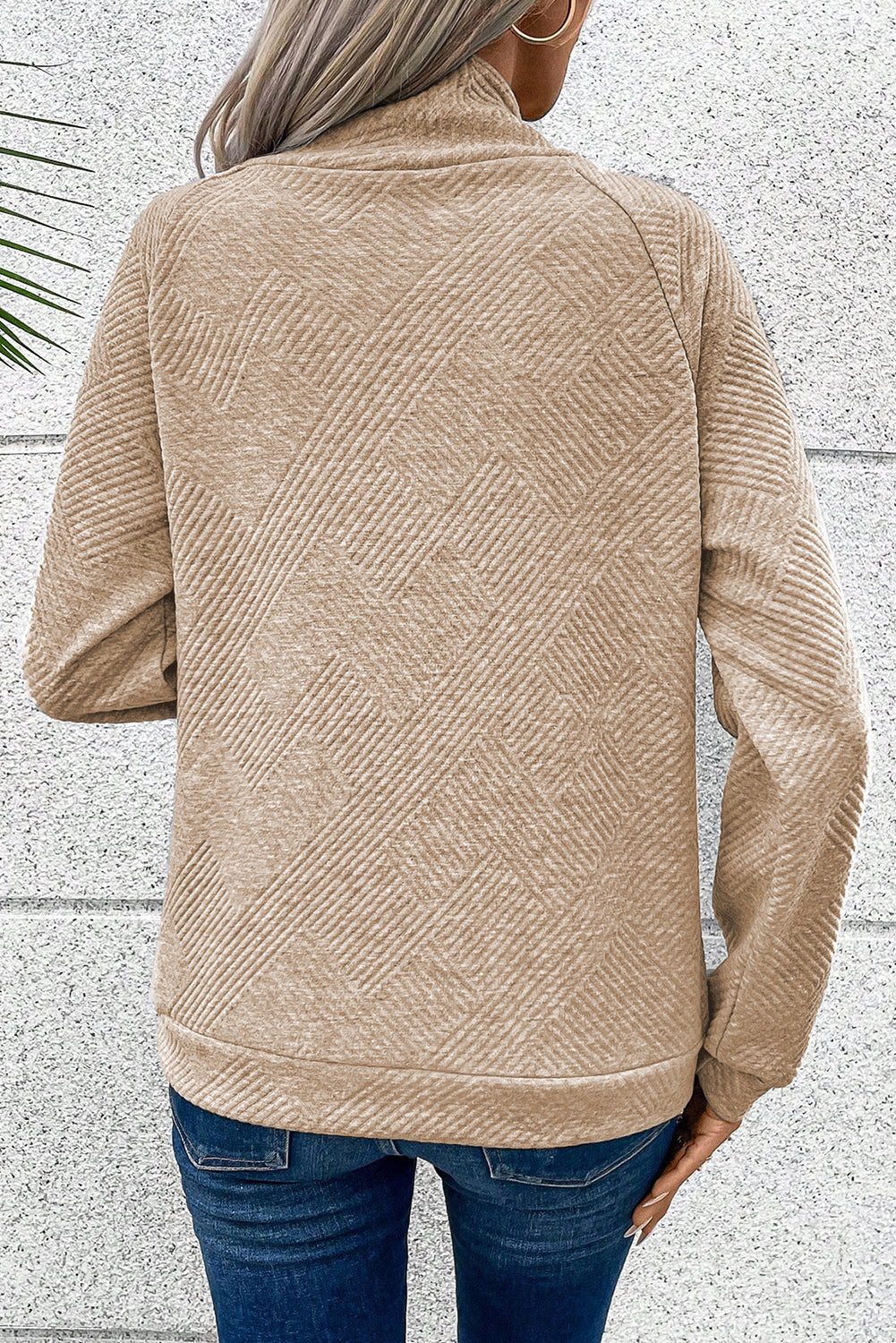 Black Asymmetric Buttons Detail High Neck Textured Sweatshirt
