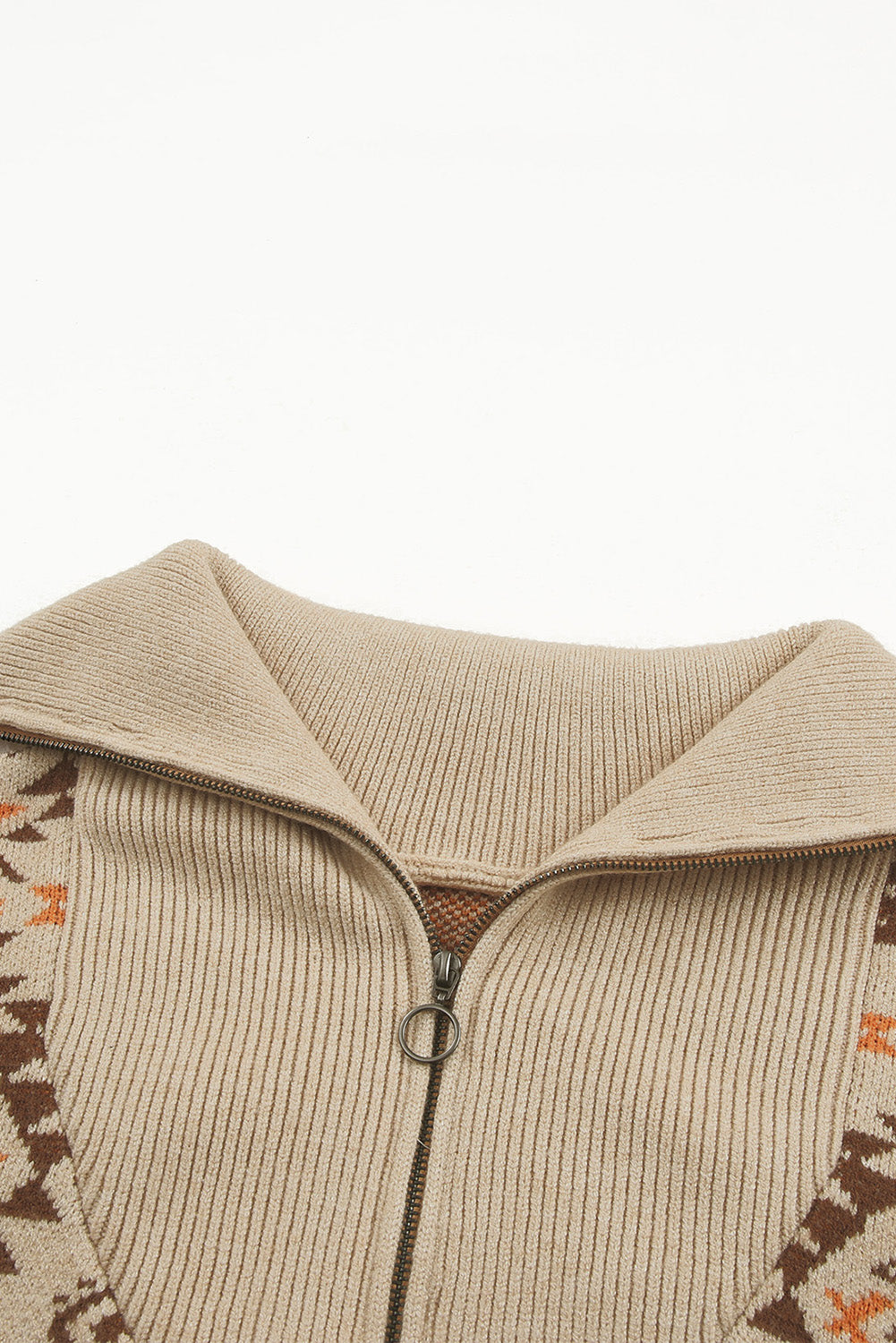 Khakifarbener aztekischer Strickpullover mit überschnittener Schulter und Reißverschluss