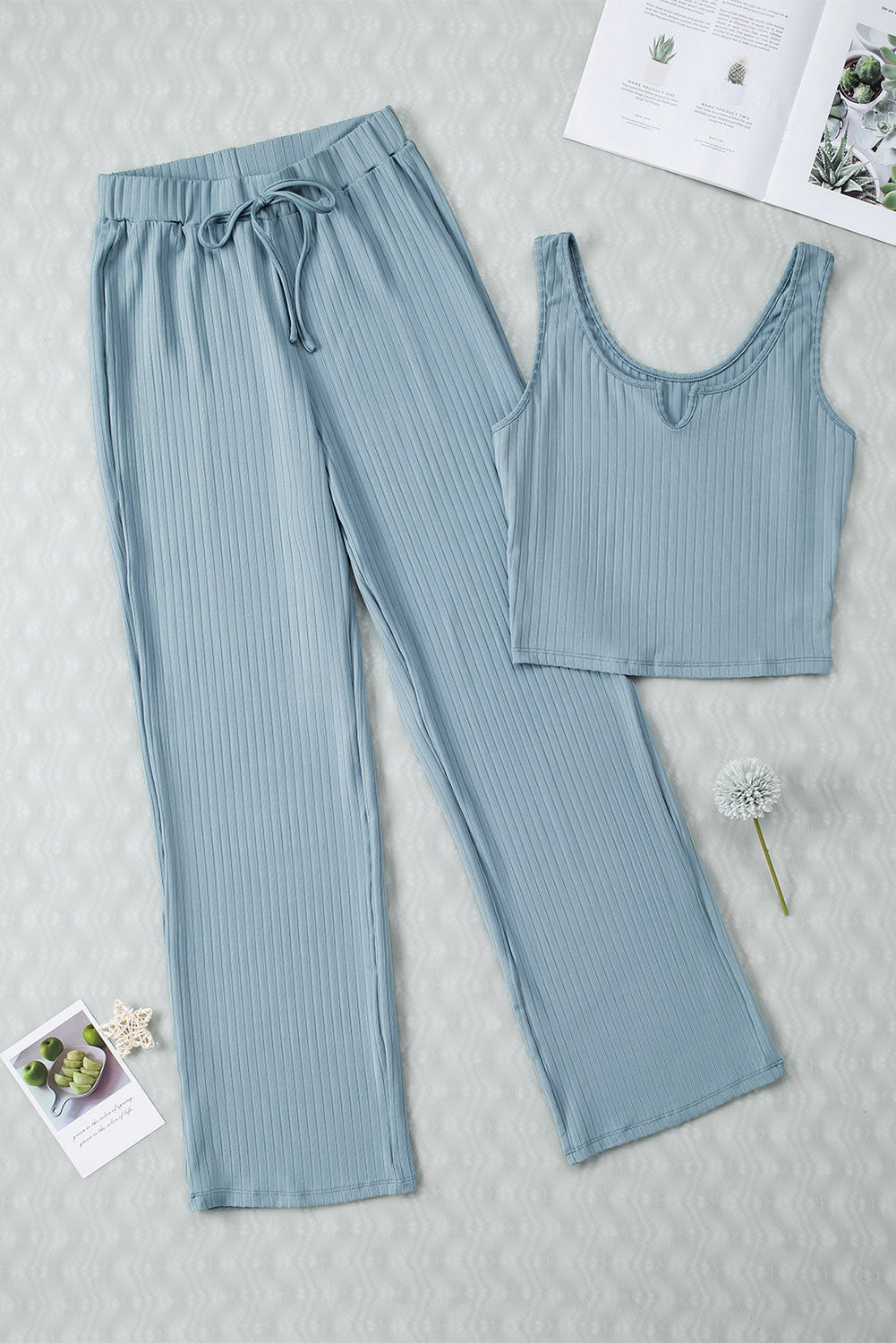 Blaues, geripptes Crop-Tanktop-Lounge-Hose-Set mit Kordelzug