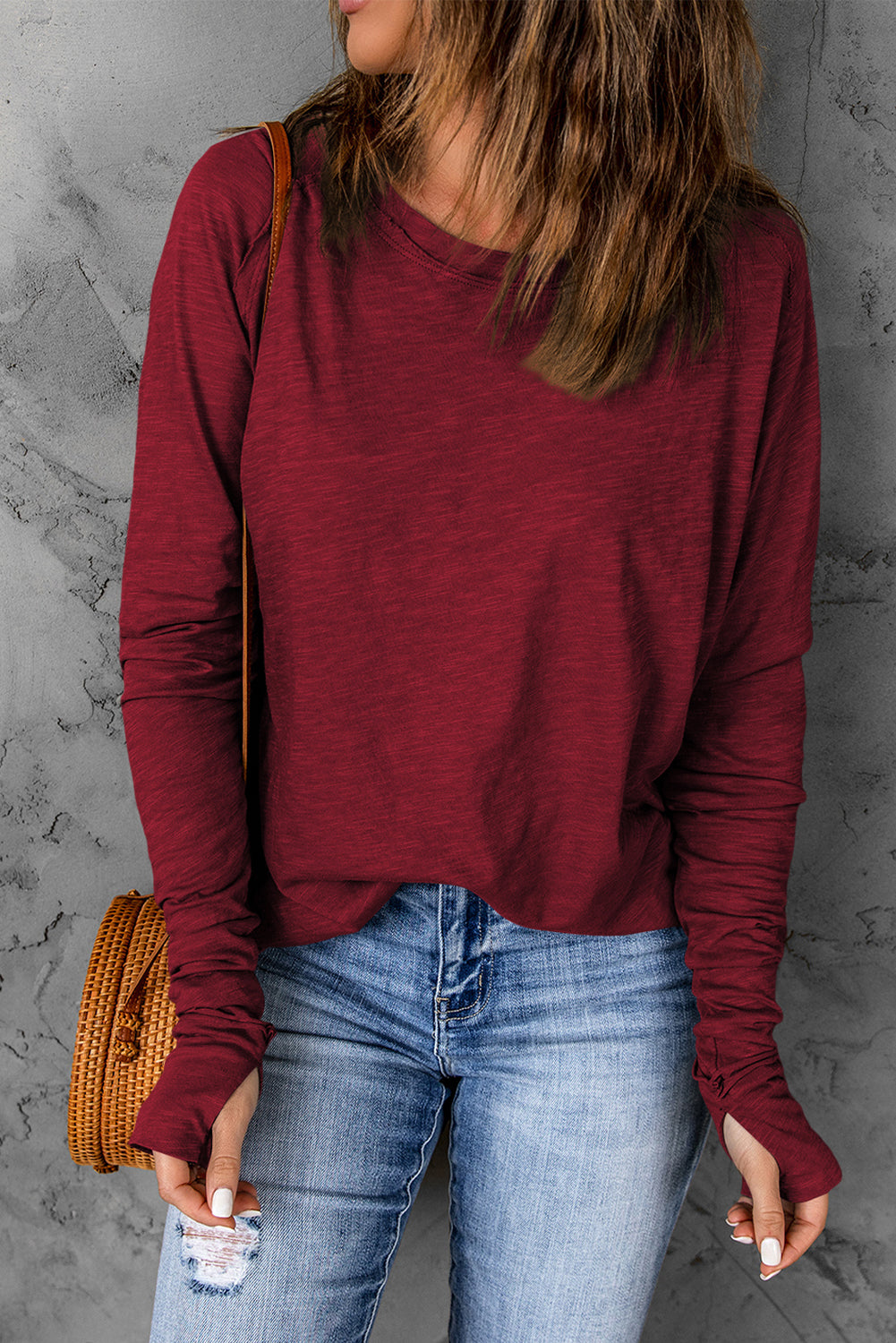 Fiery Red Solid Crew Neck Long Sleeve Top