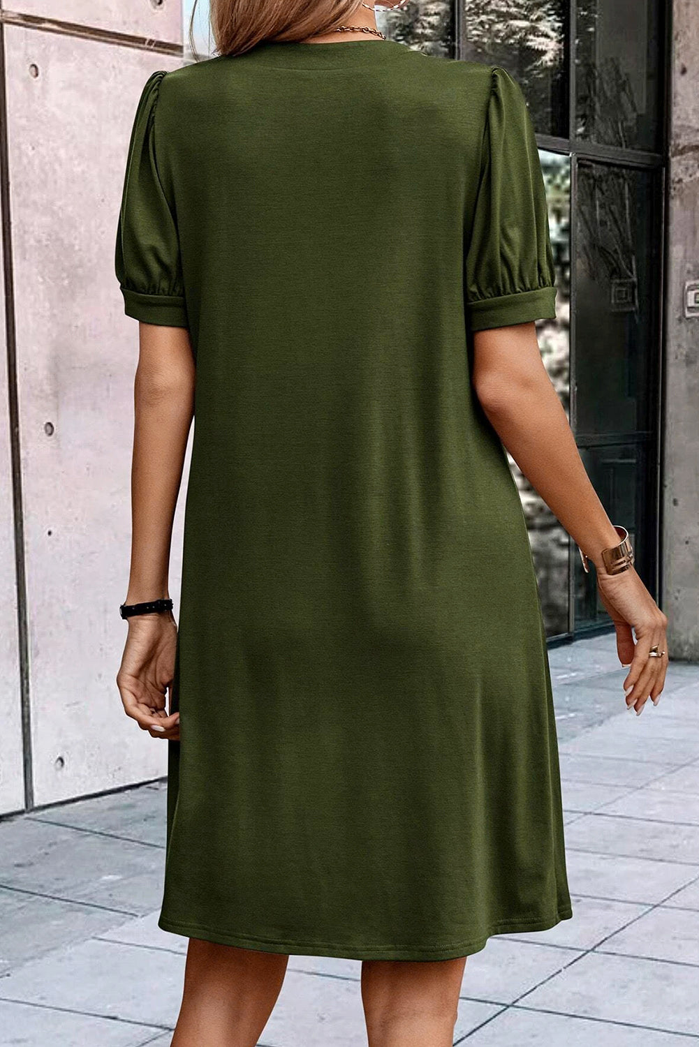 Fern Green Notched Neck Pleated Puff Sleeve Shift T-shirt Dress