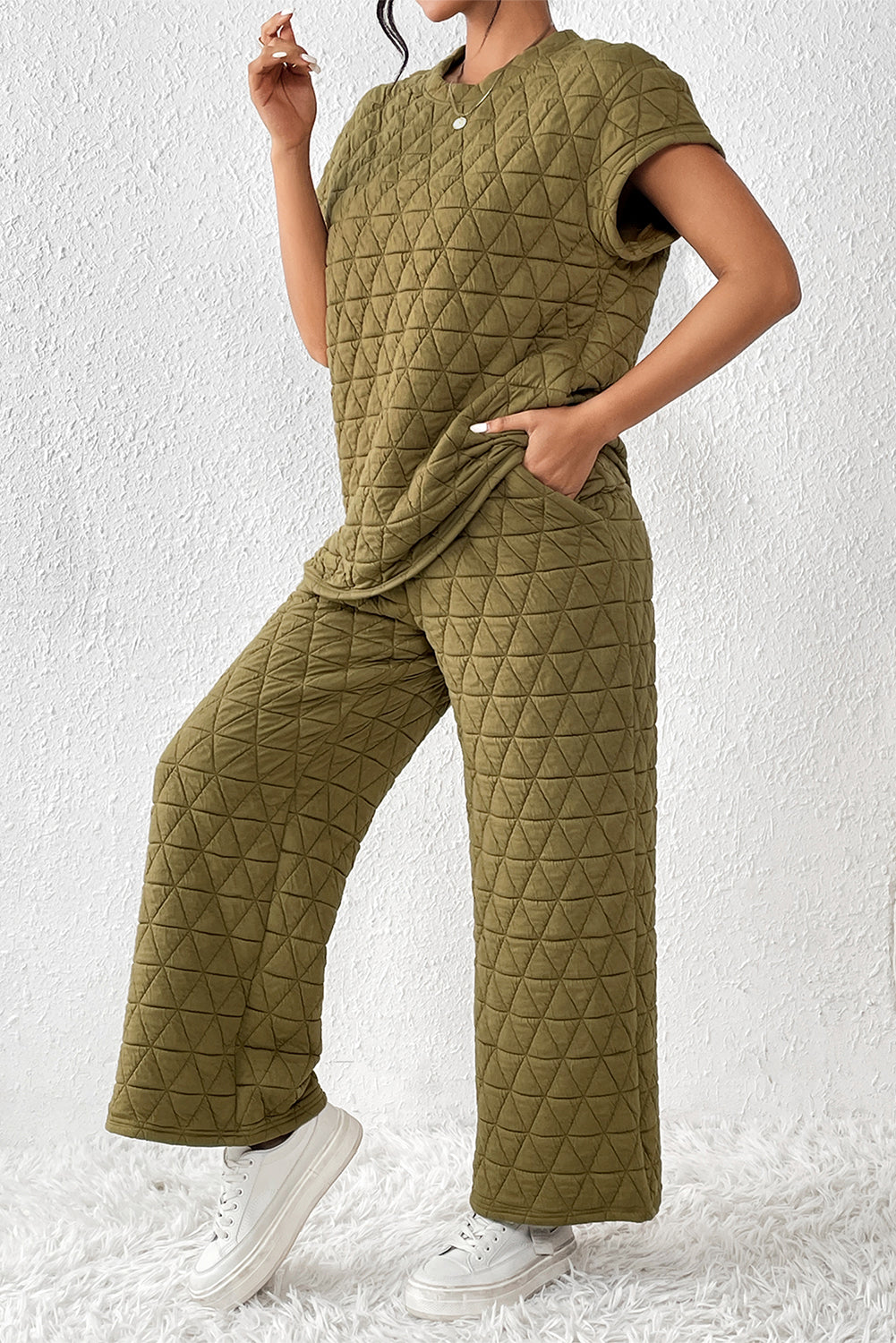 Set di pantaloni larghi a maniche corte trapuntati verde salvia