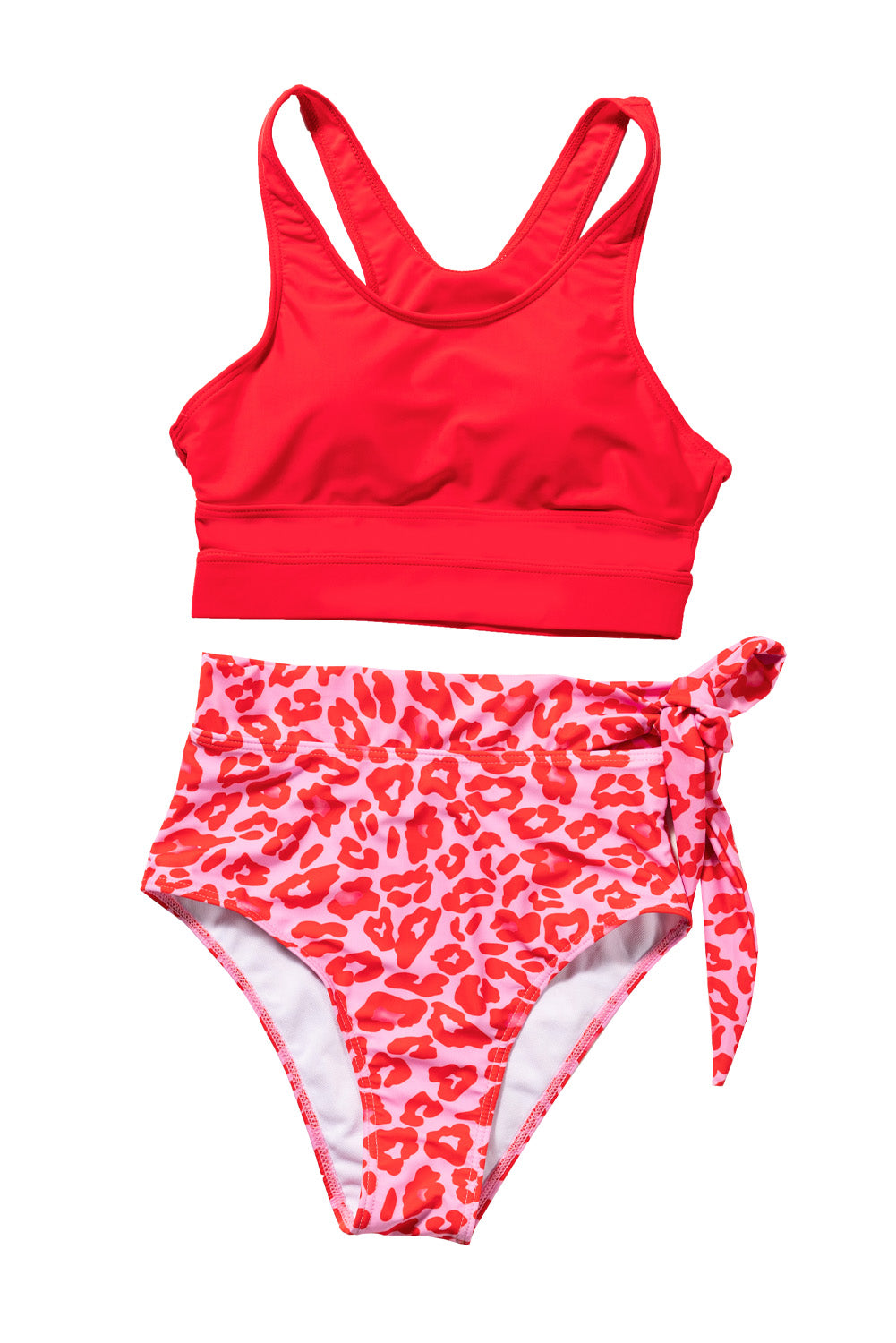 Feuriges rotes, himmelblaues, floral bedrucktes Bikini-Set mit hoher Taille und Schnürung