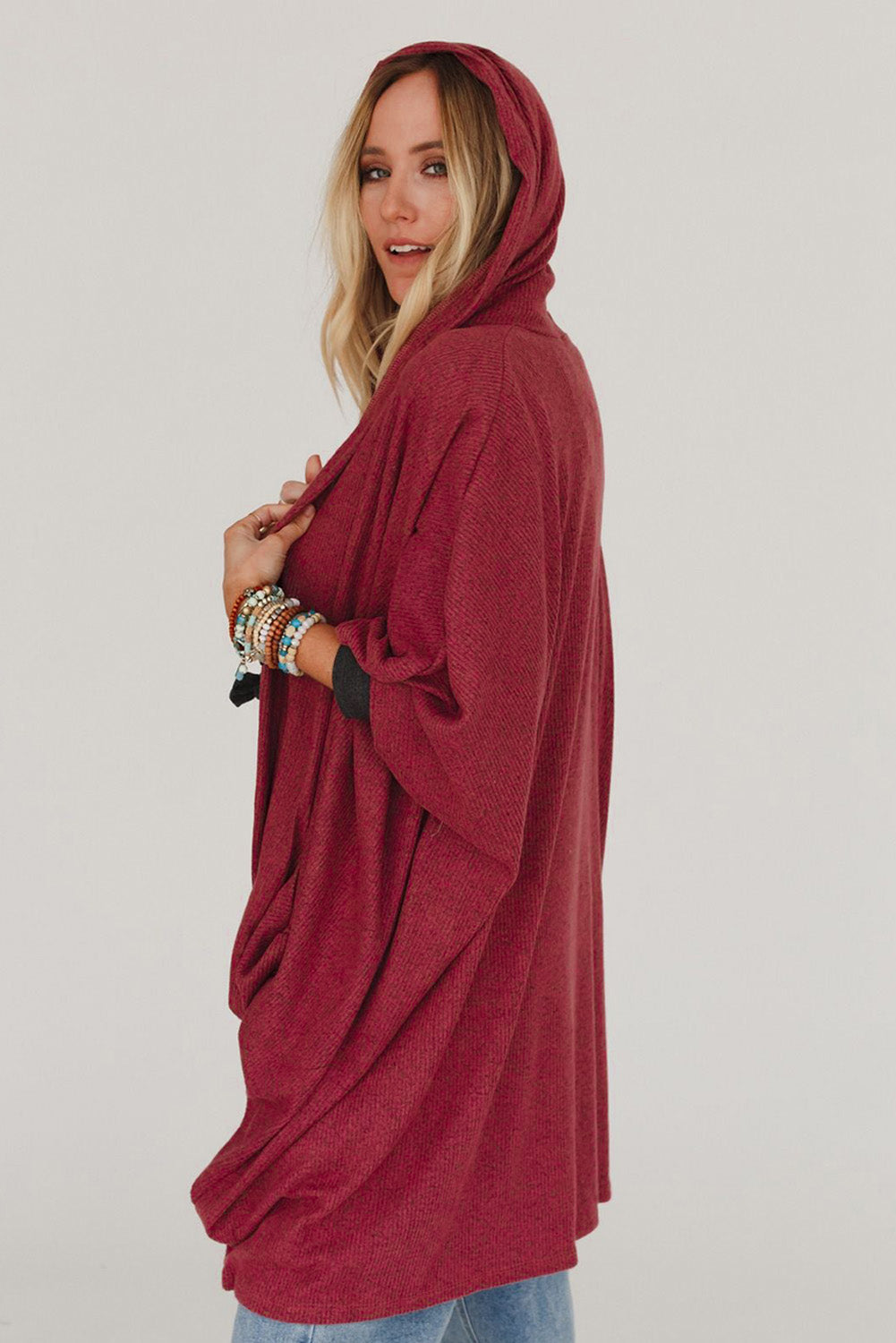 Fiery Red Bracelet Sleeve Pocketed Open Front Hooded Cardigan