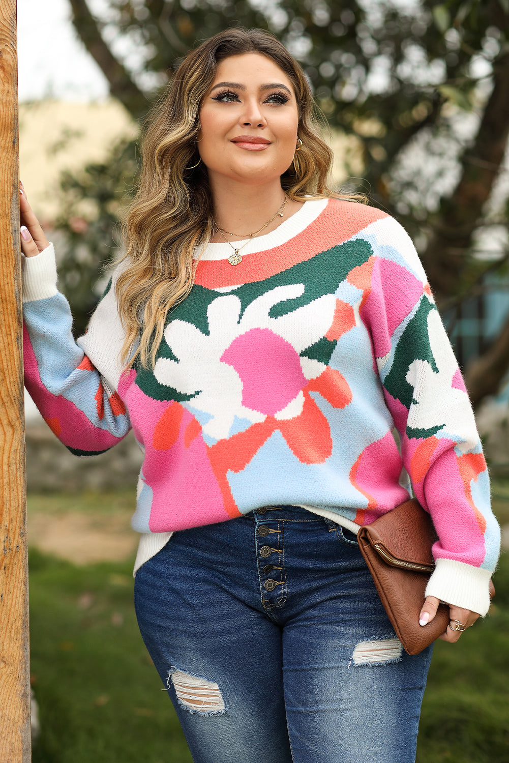Mehrfarbiger Plus-Size-Pullover mit Blumenmuster und überschnittener Schulter