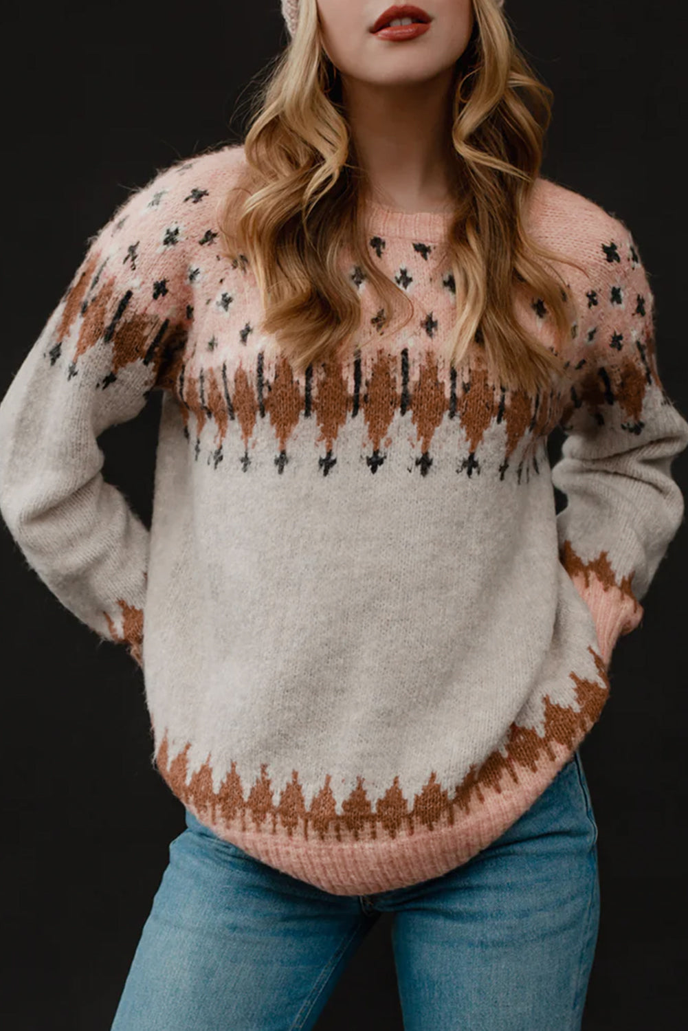 Višebojni pulover s raglan rukavima s miješanim geometrijskim detaljima