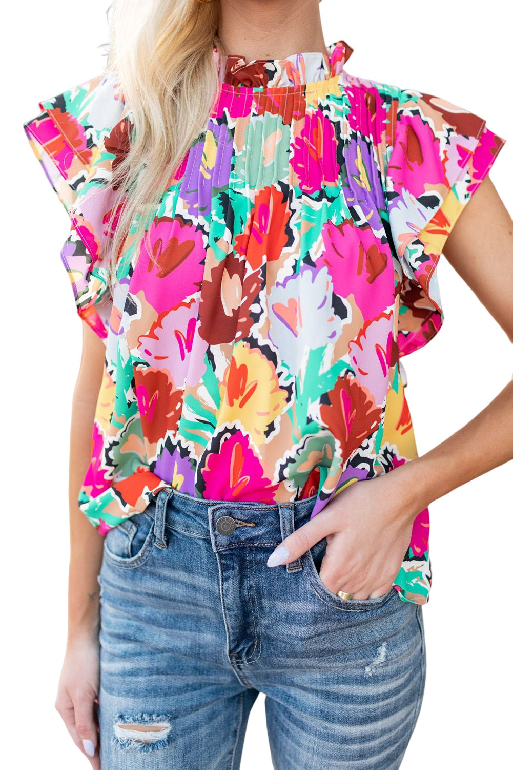 Višebojna plisirana bluza s abstraktnim cvjetnim printom i ovratnikom
