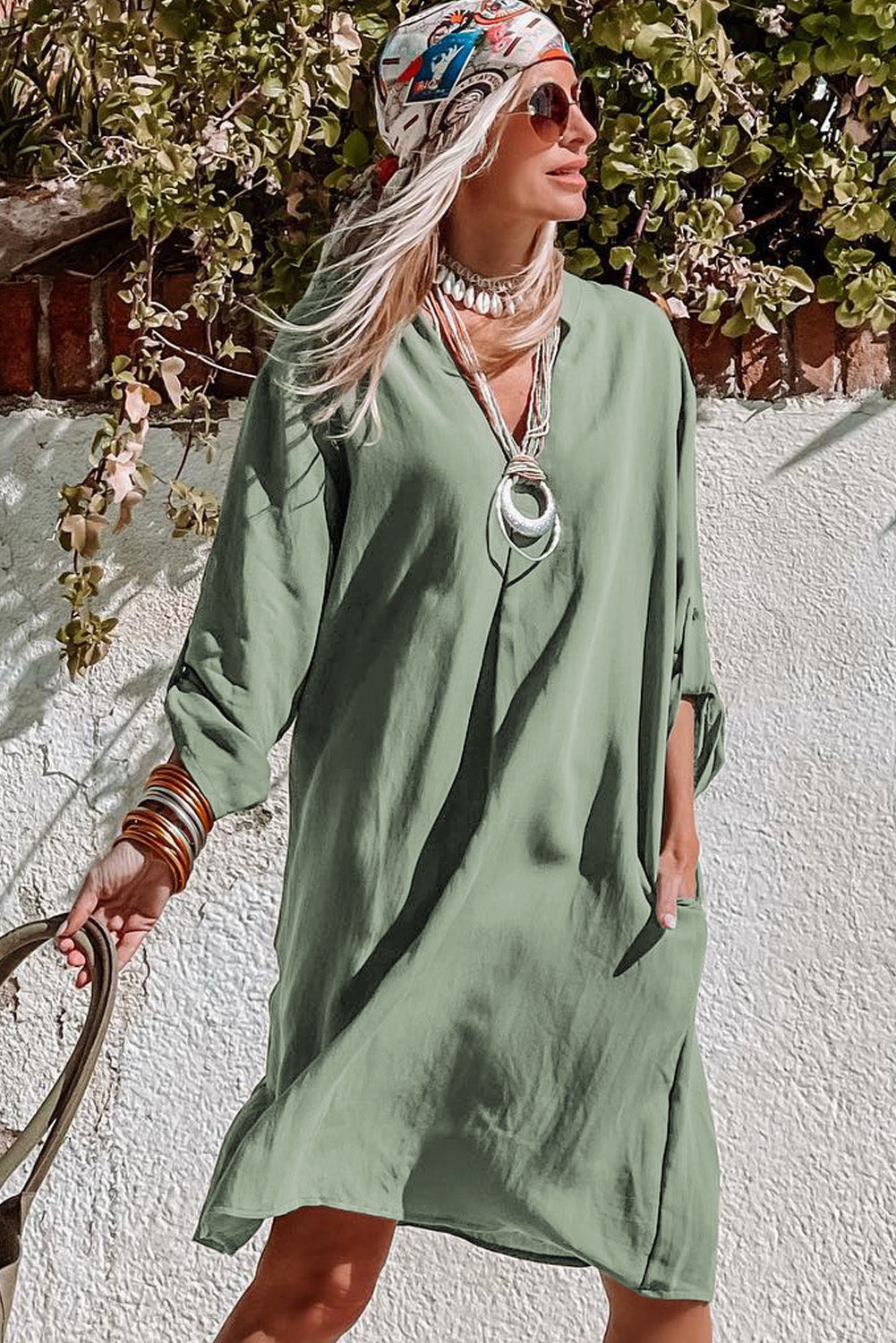 Zelena lepršava ležerna haljina s preklopnim rukavima