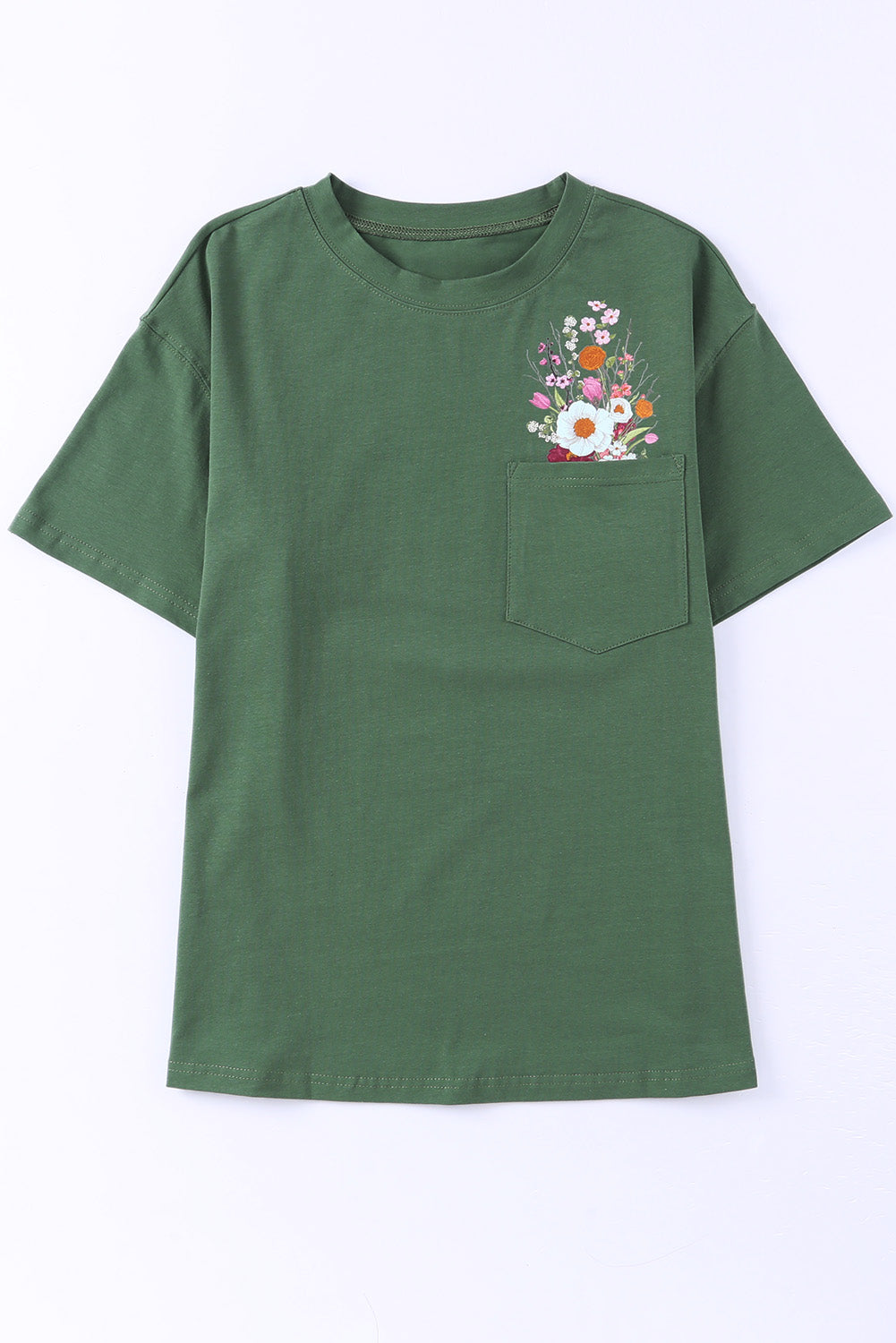 Grünes, lässiges Kurzarm-T-Shirt mit Blumentasche und Tasche