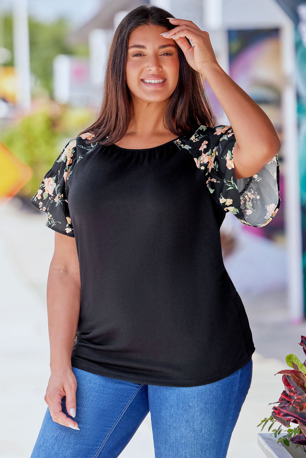 Black Floral Ruffle Sleeve Plus Size Top