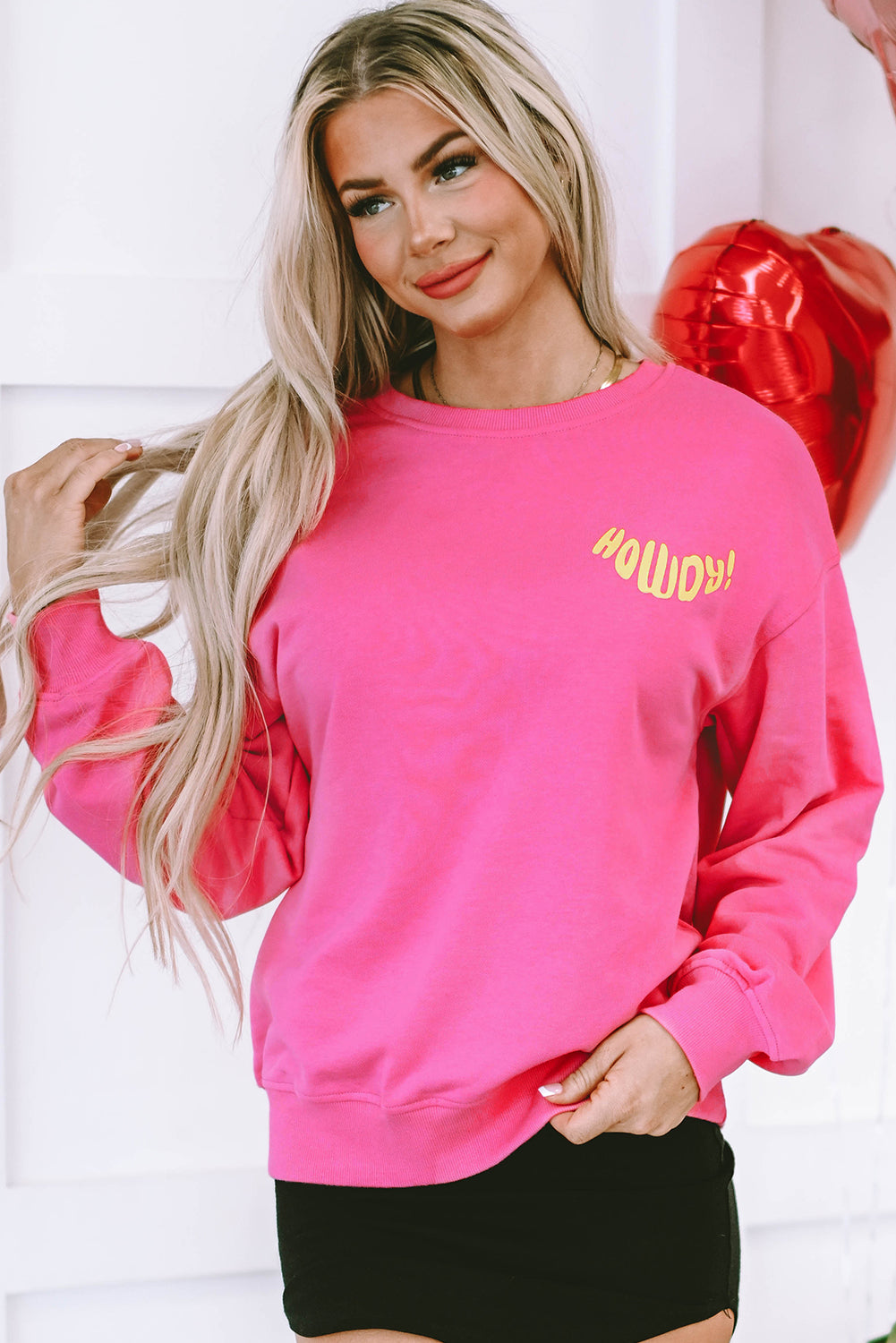 Pullover-Sweatshirt mit Western-Grafik „HOWDY“ in Erdbeerrosa