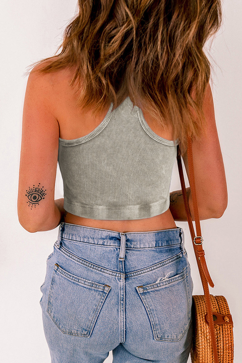 Light Grey Ribbed Mineral Wash Racerback Cropped Tank Top