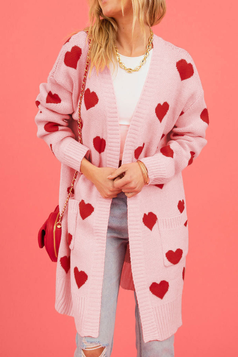 Cardigan ouvert sur le devant à bordure côtelée à motif coeur rose clair pour la Saint-Valentin