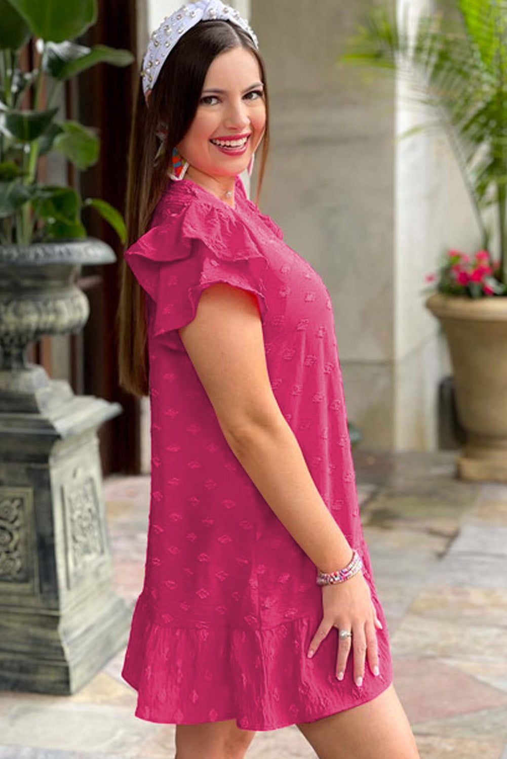 Jacquard ružičasta mini haljina s kratkim rukavima s volanima i većim veličinama