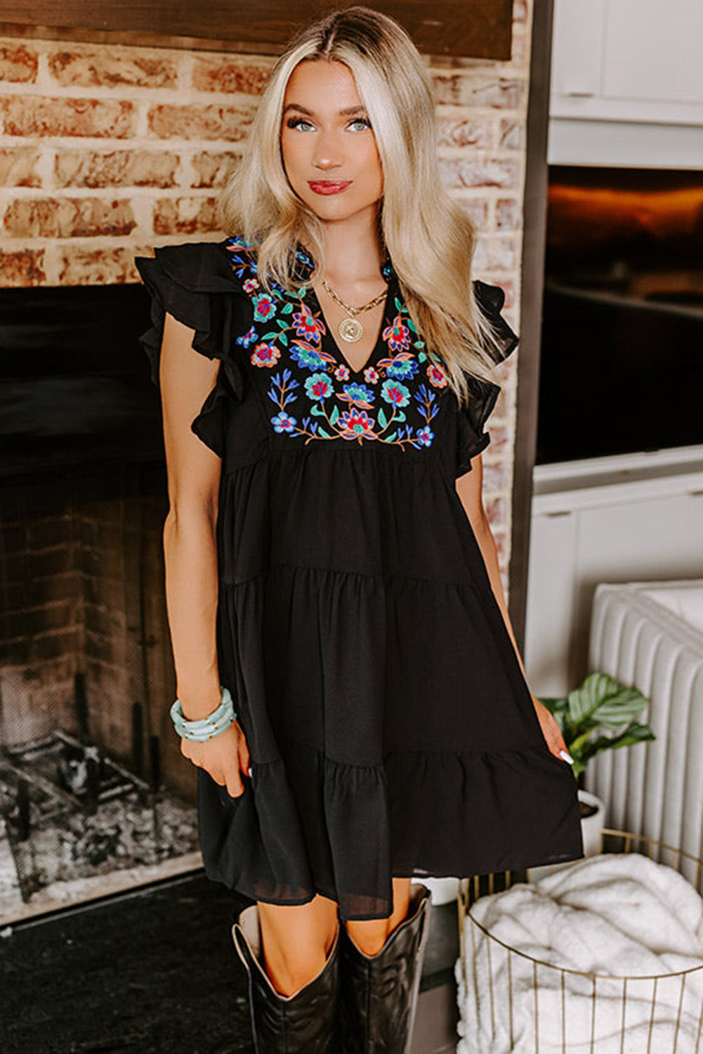 Black Floral Embroidered Tiered Ruffled Mini Dress