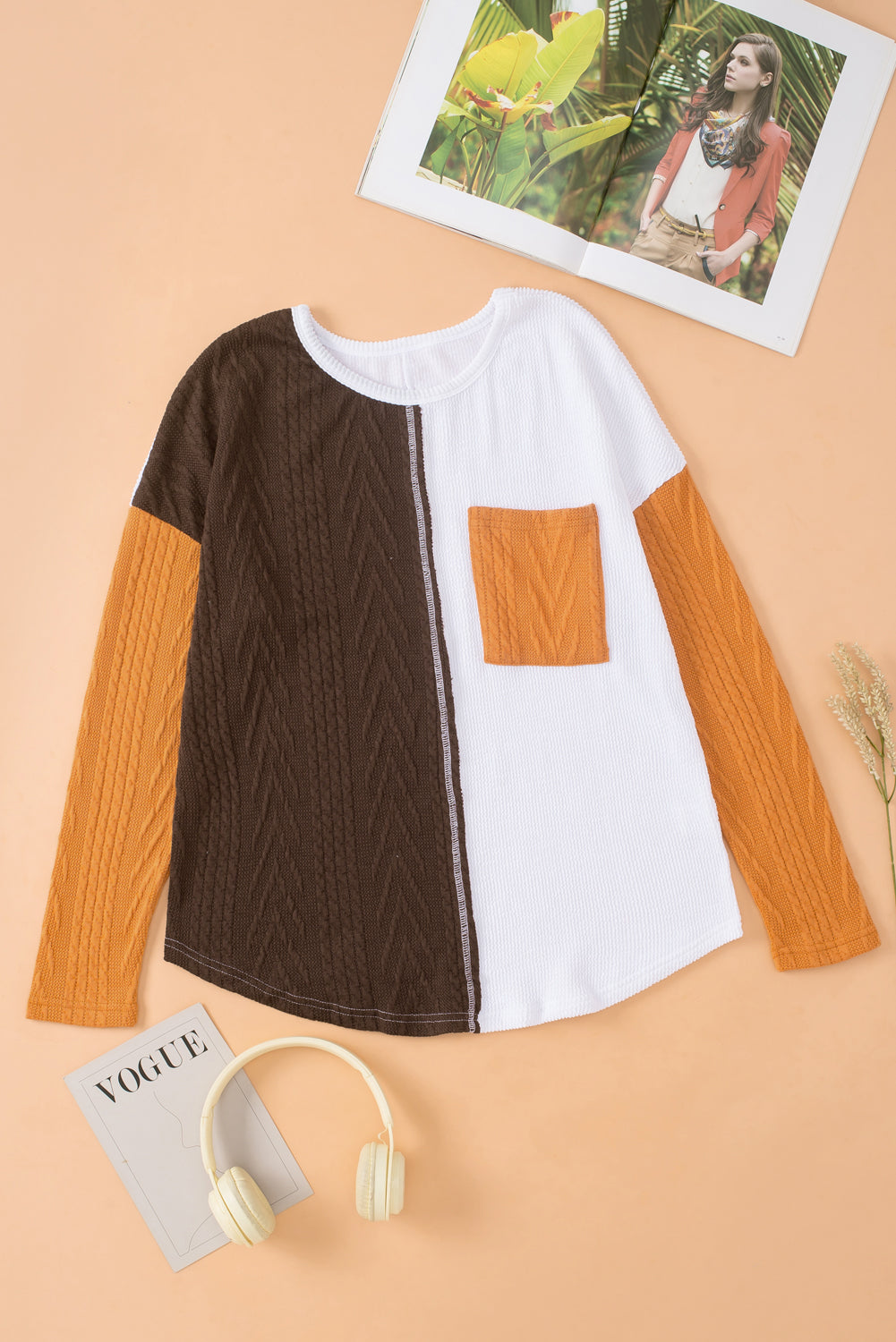 Brown Color Block Patchwork Chest Pocket Long Sleeve Top