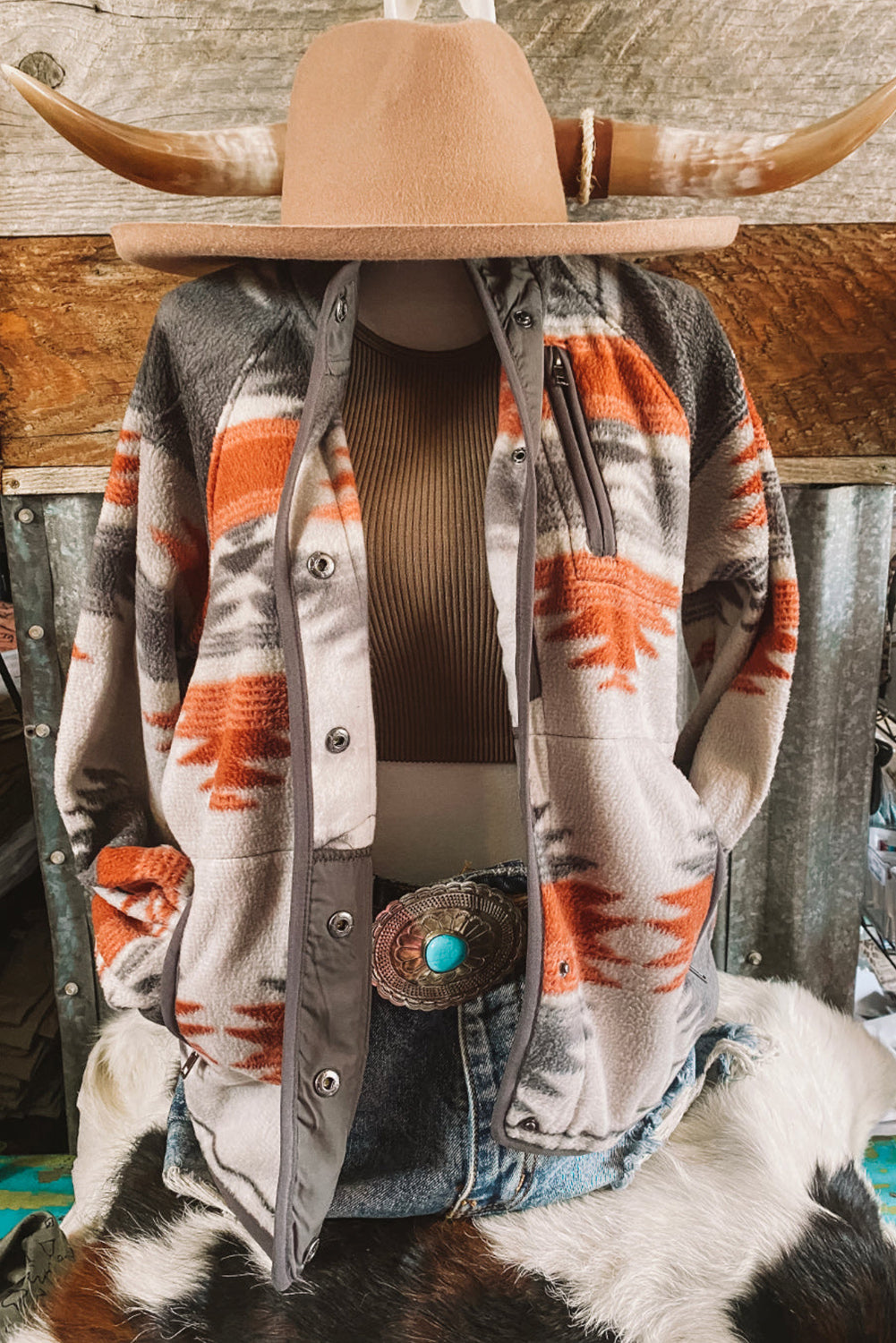 Večbarvna jakna iz flisa z gumbi Western Aztec