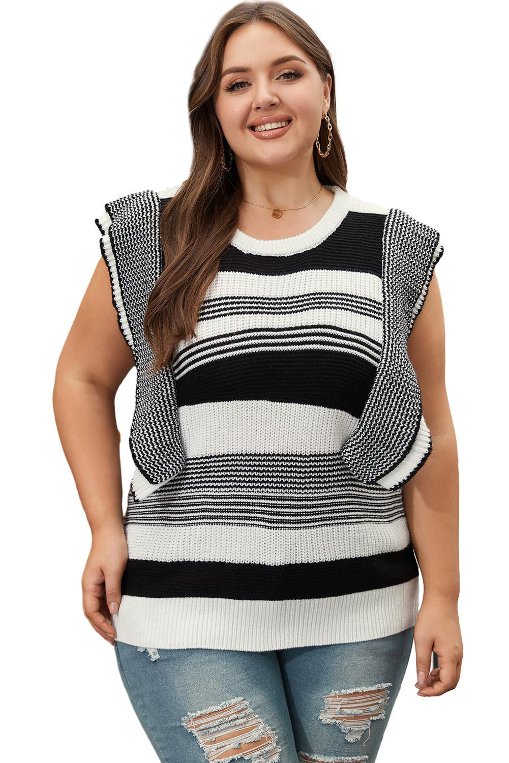Schwarze Plus-Size-Pulloverweste mit gemischtem Streifenmuster und Rüschen