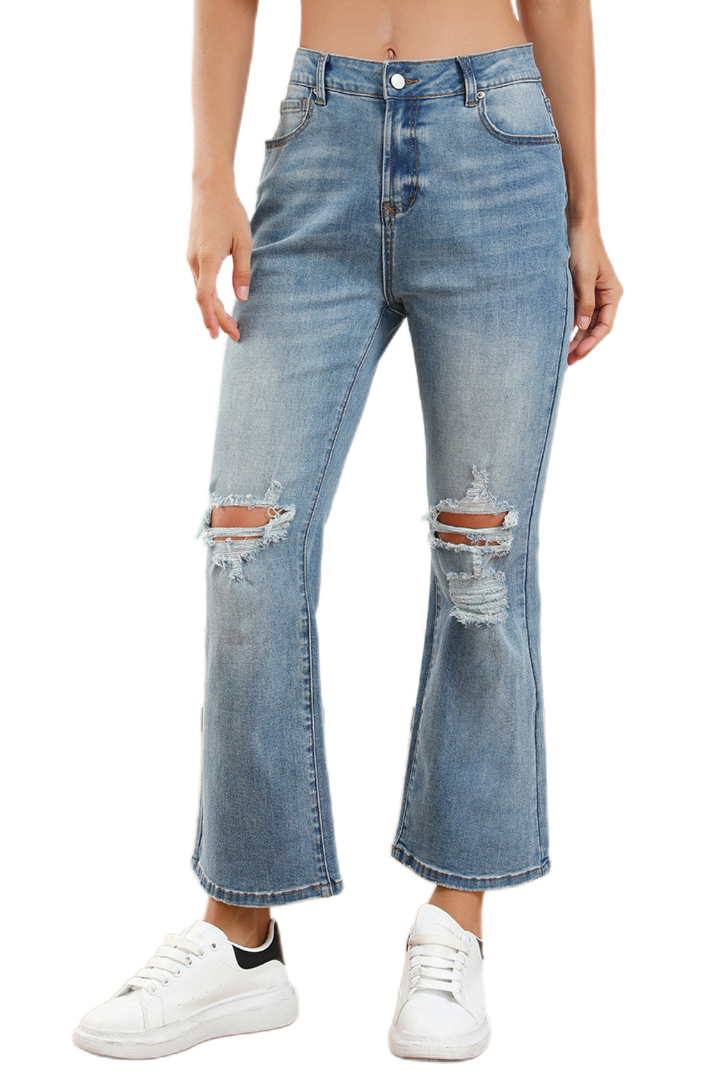 Himmelblaue Distressed-Jeans mit zerrissenem Schlag
