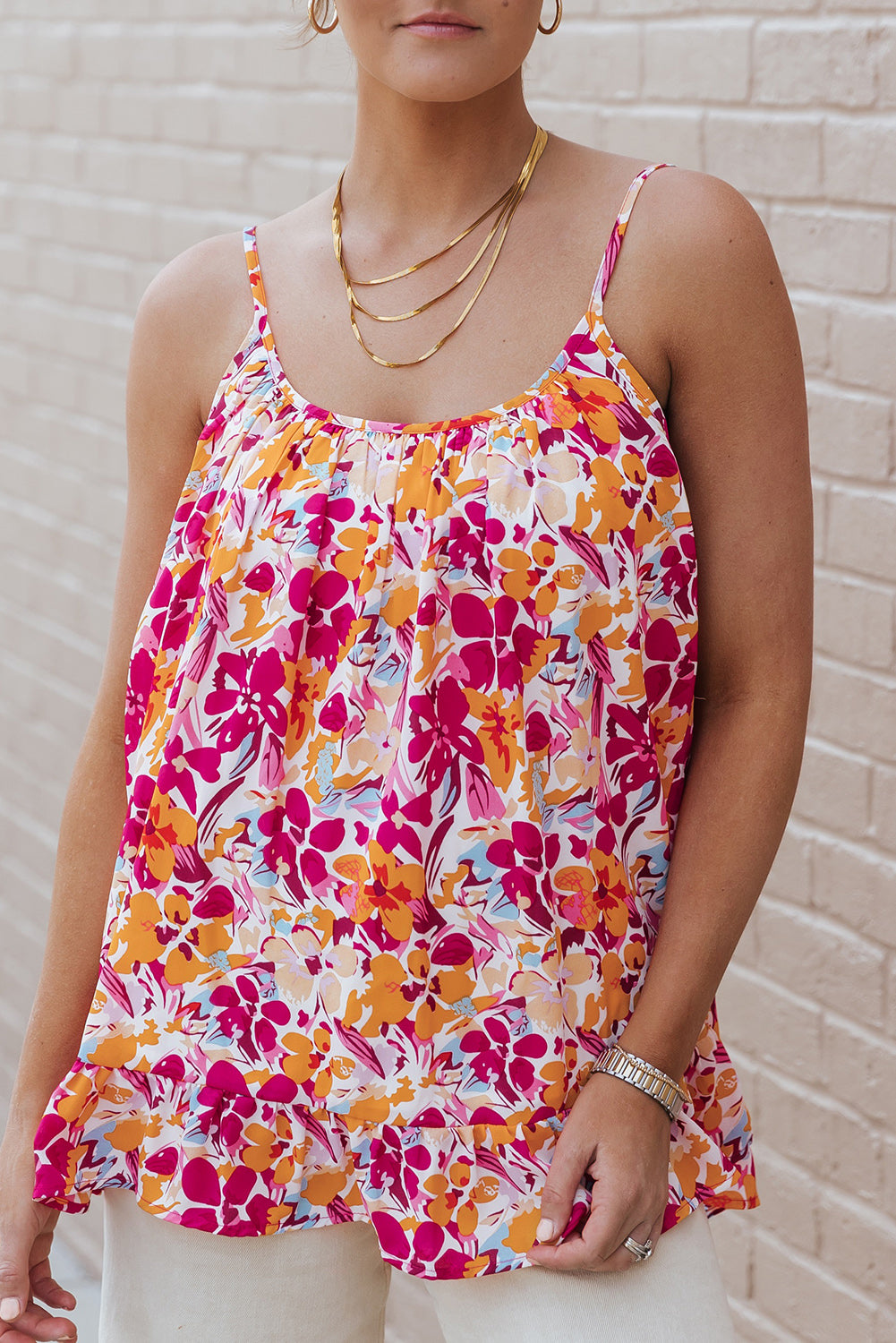 Fiery Red Floral Print Loose Fit Spaghetti Strap Tank Top