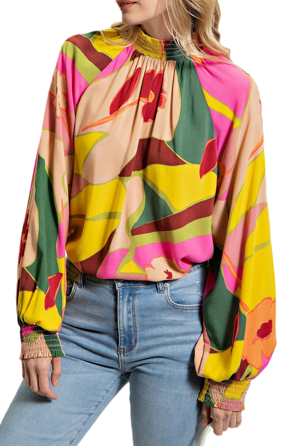 Večbarvna bluza s samostoječim ovratnikom in prevlečenim robom s cvetličnim vzorcem