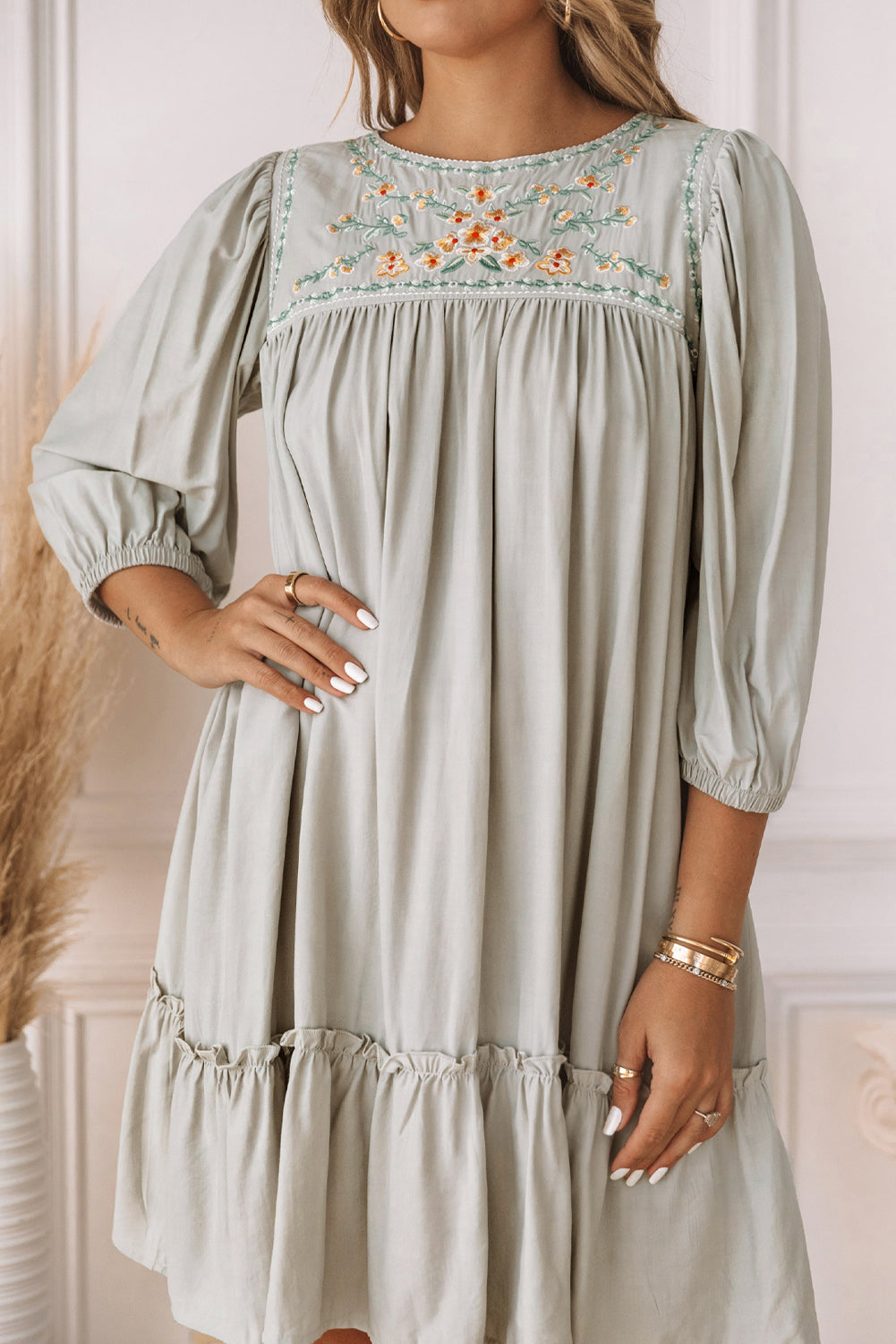 Gray Floral Embroidered Long Sleeve Babydoll Mini Dress