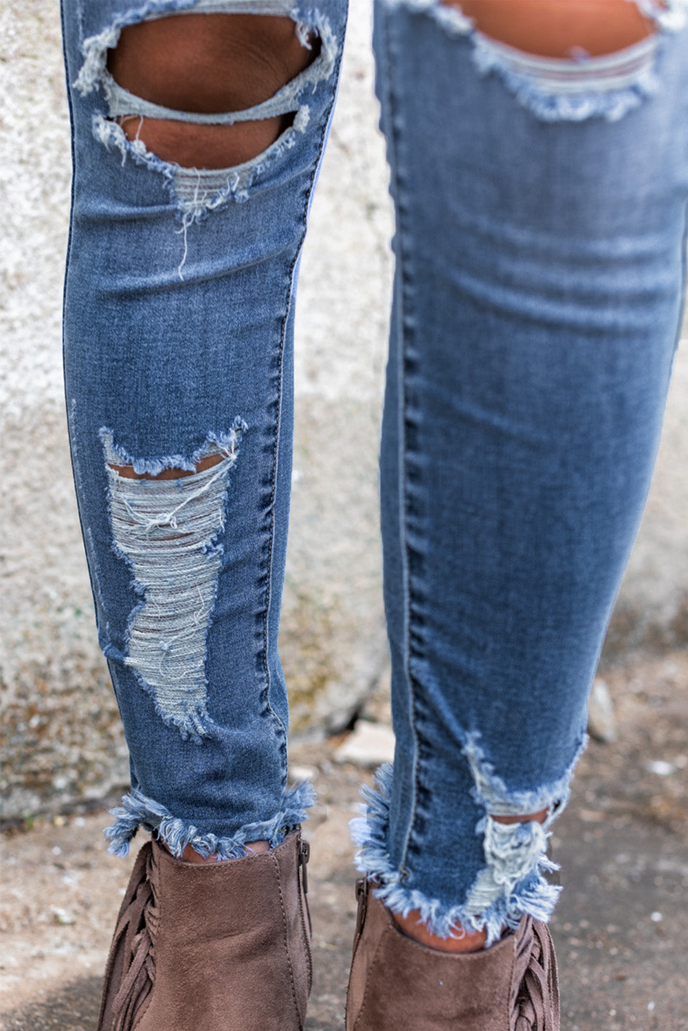 Jeans skinny effetto consumato a vita alta azzurro cielo