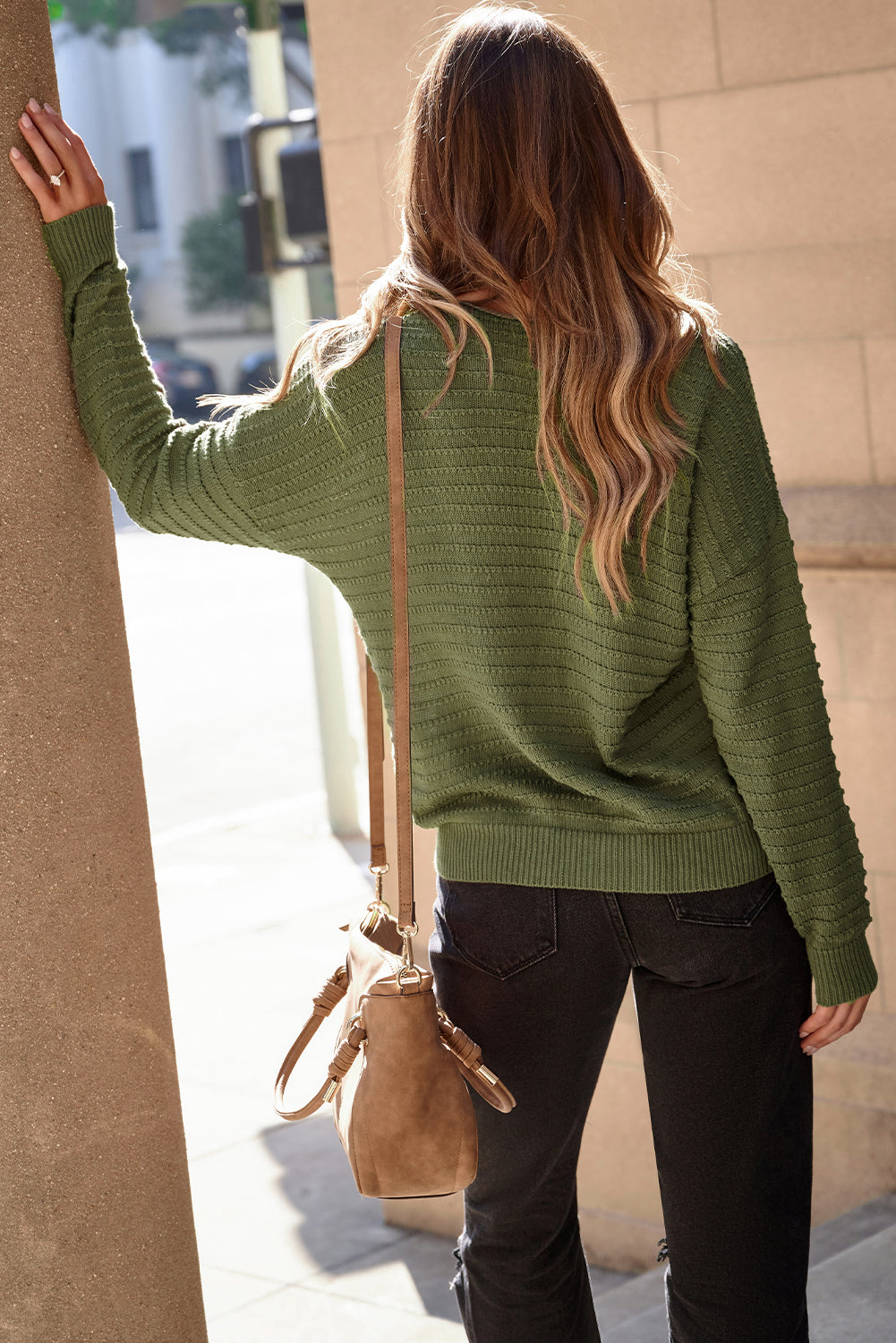 Duffel Green Textured Knit Round Neck Dolman Sleeve Sweater