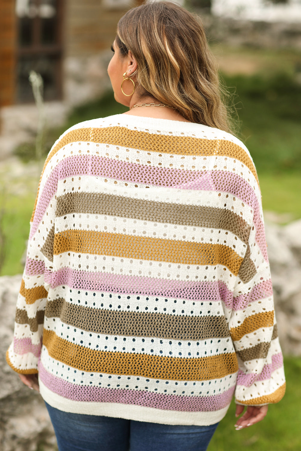 Večbarvni pleteni ohlapen pulover s črtami in vdolbinami velike velikosti