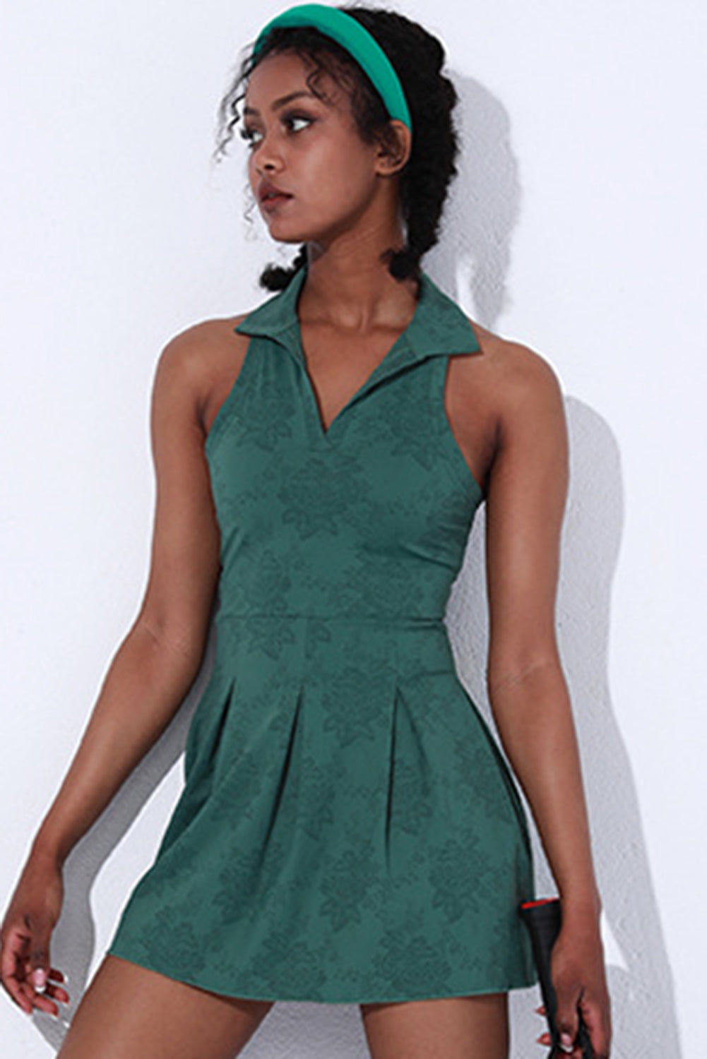 Blackish Green Sleeveless V Neck Shirt Collar Sports Mini Dress