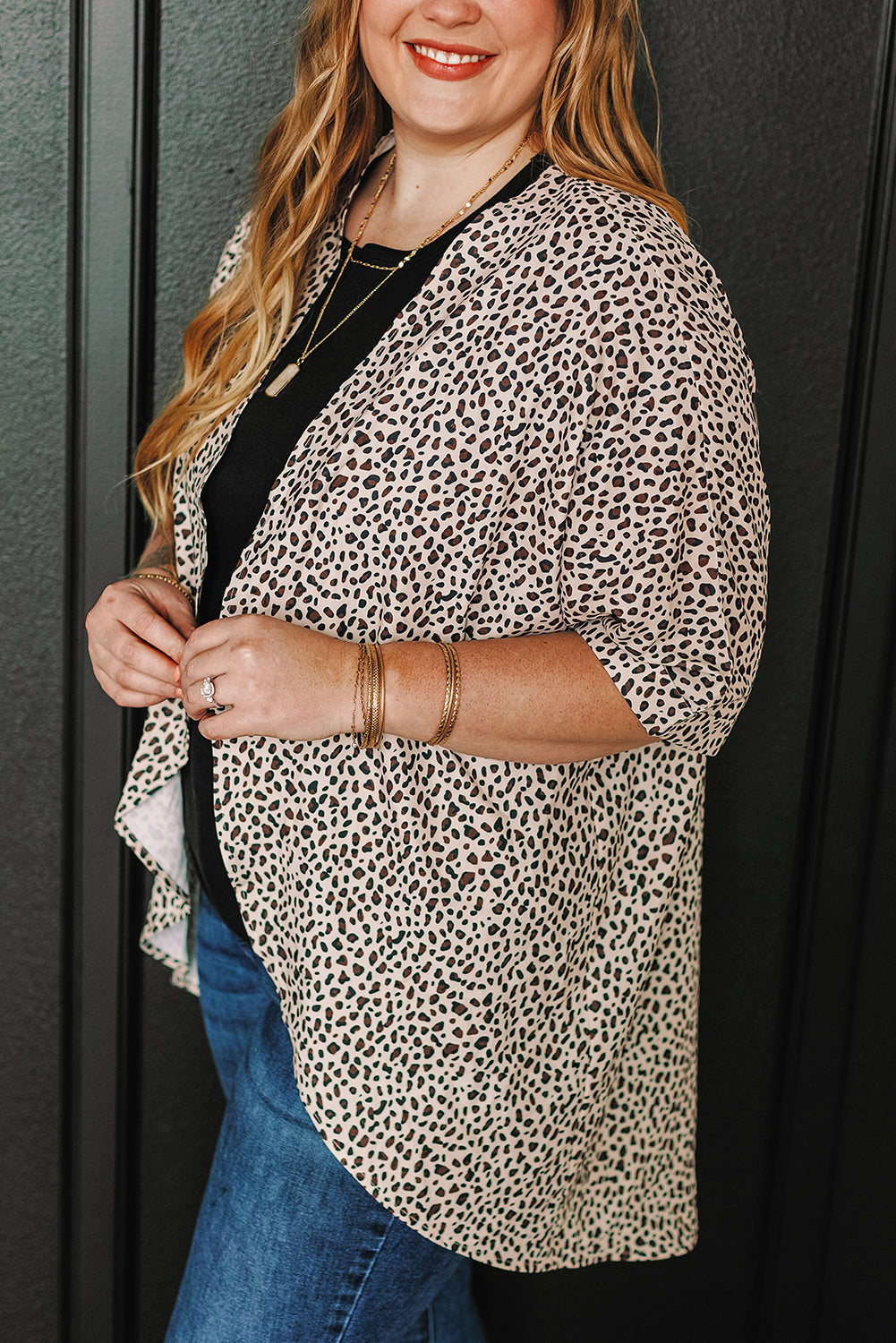Khaki Plus Size Leopard Print Half Sleeve Open Front Cardigan