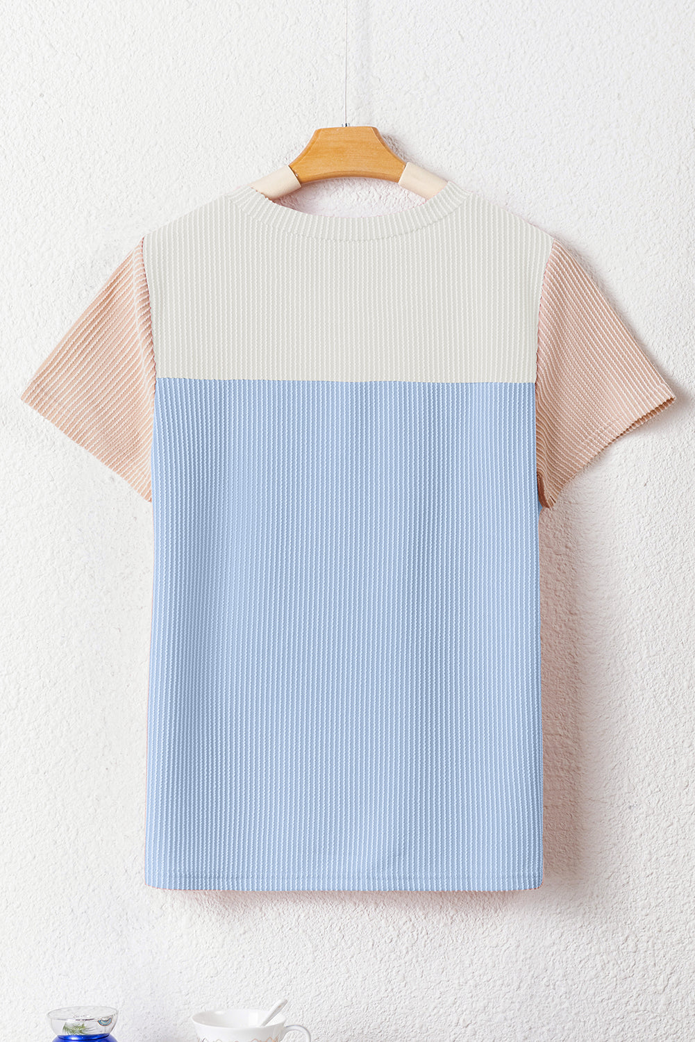 T-shirt color block texturé côtelé bleu clair