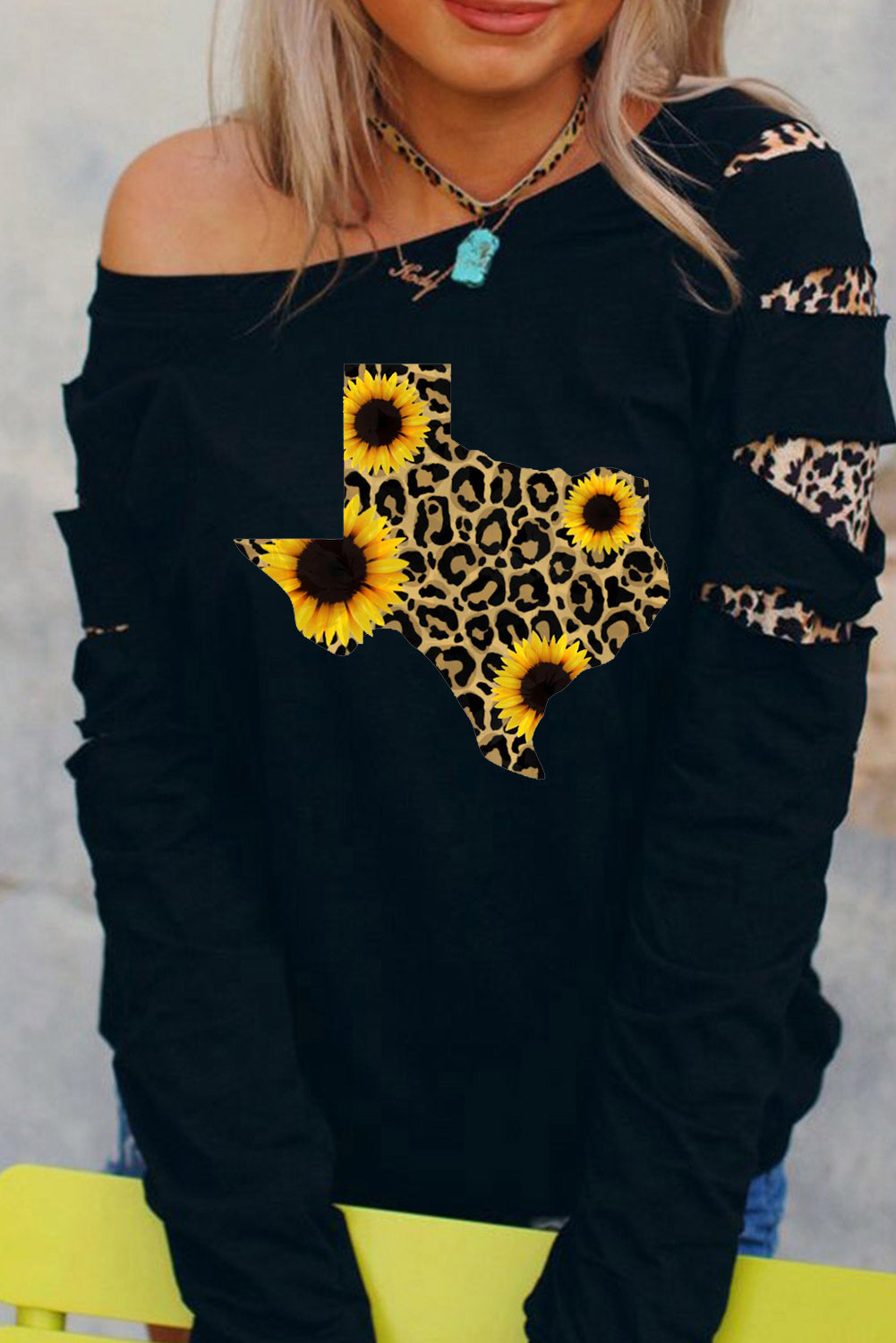 Leopard Sunflower Patchwork Cut Out Long Sleeve Sweatshirt