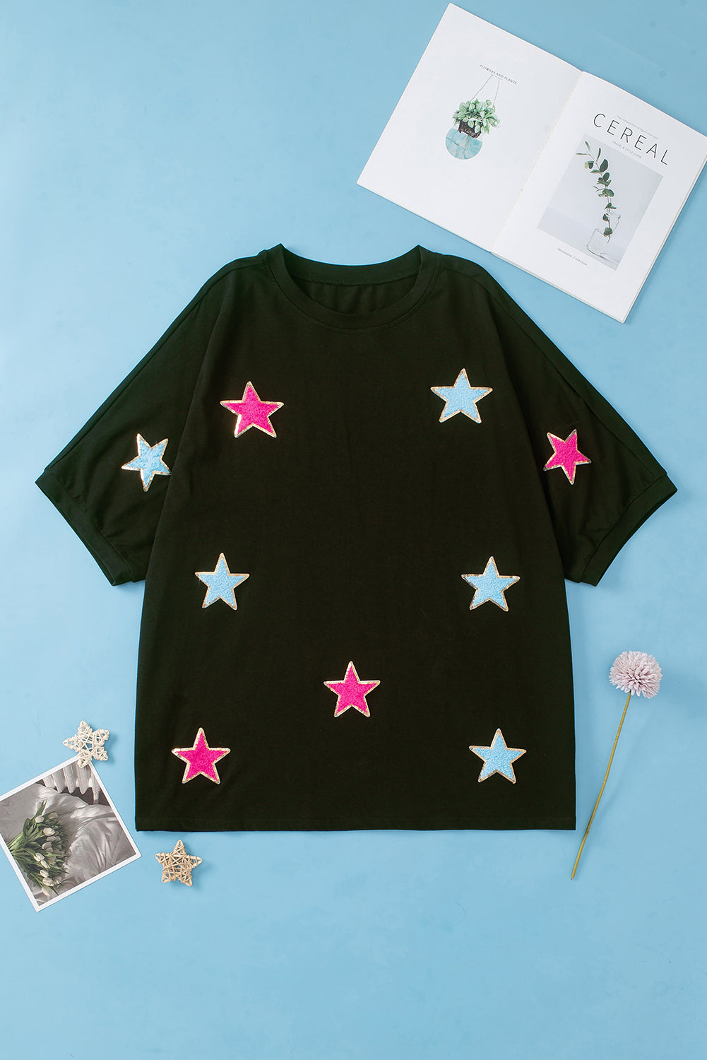 T-shirt noir à paillettes et motif étoile en chenille, grande taille
