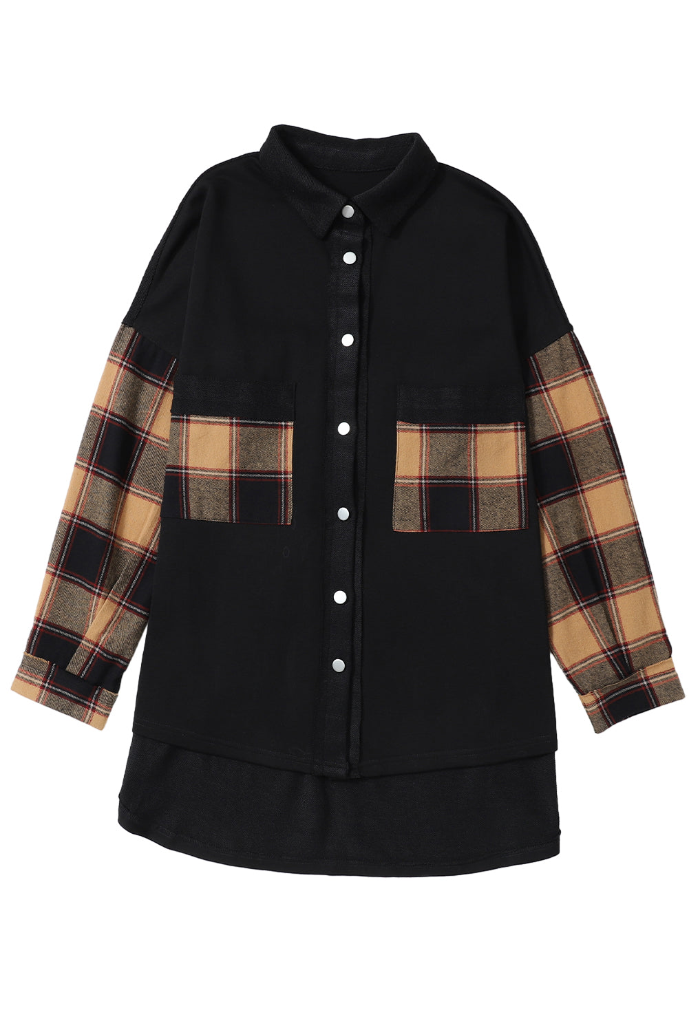 Giacca da camicia oversize con tasche sul petto in patchwork scozzese nero