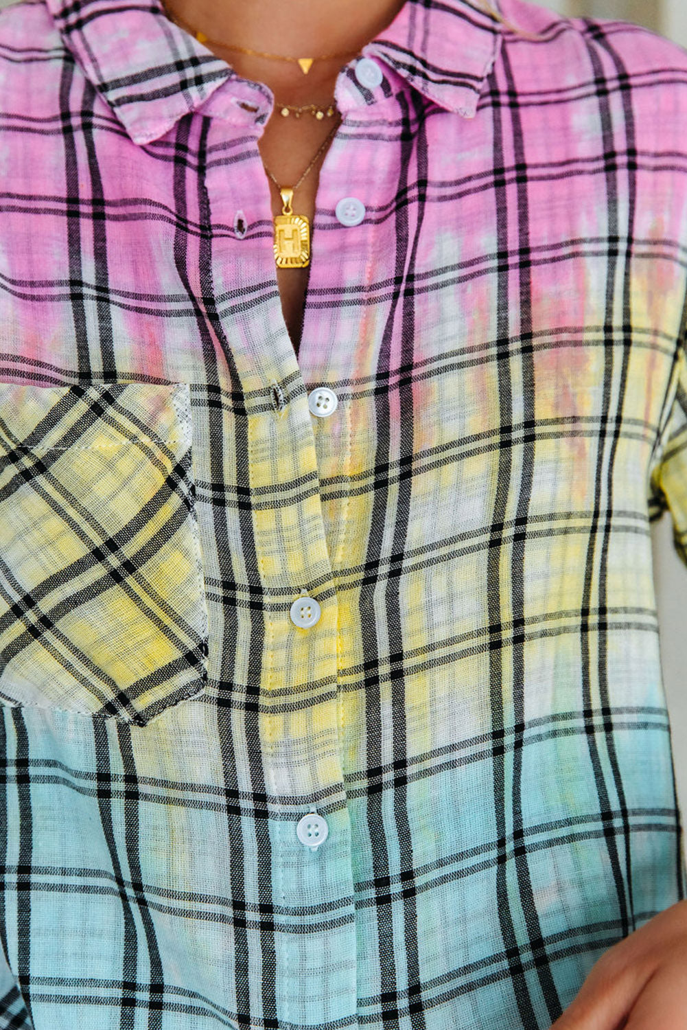 Večbarvna karirasta srajca z gumbi Tie Dye