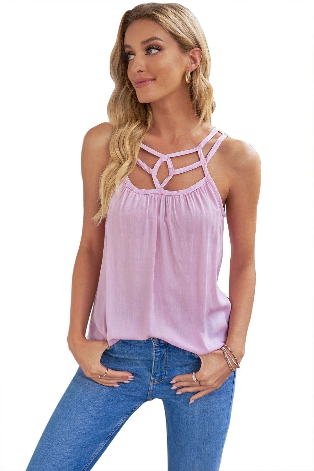 Pink Hollow-out Tank Top
