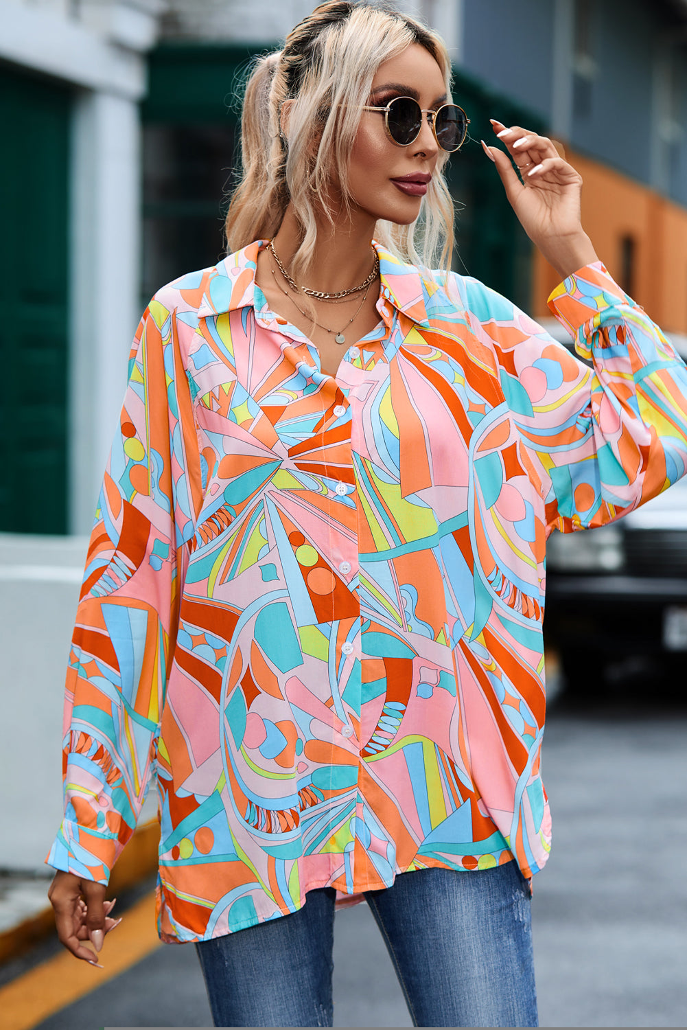 Multicolor Abstract Geometric Print Oversized Shirt